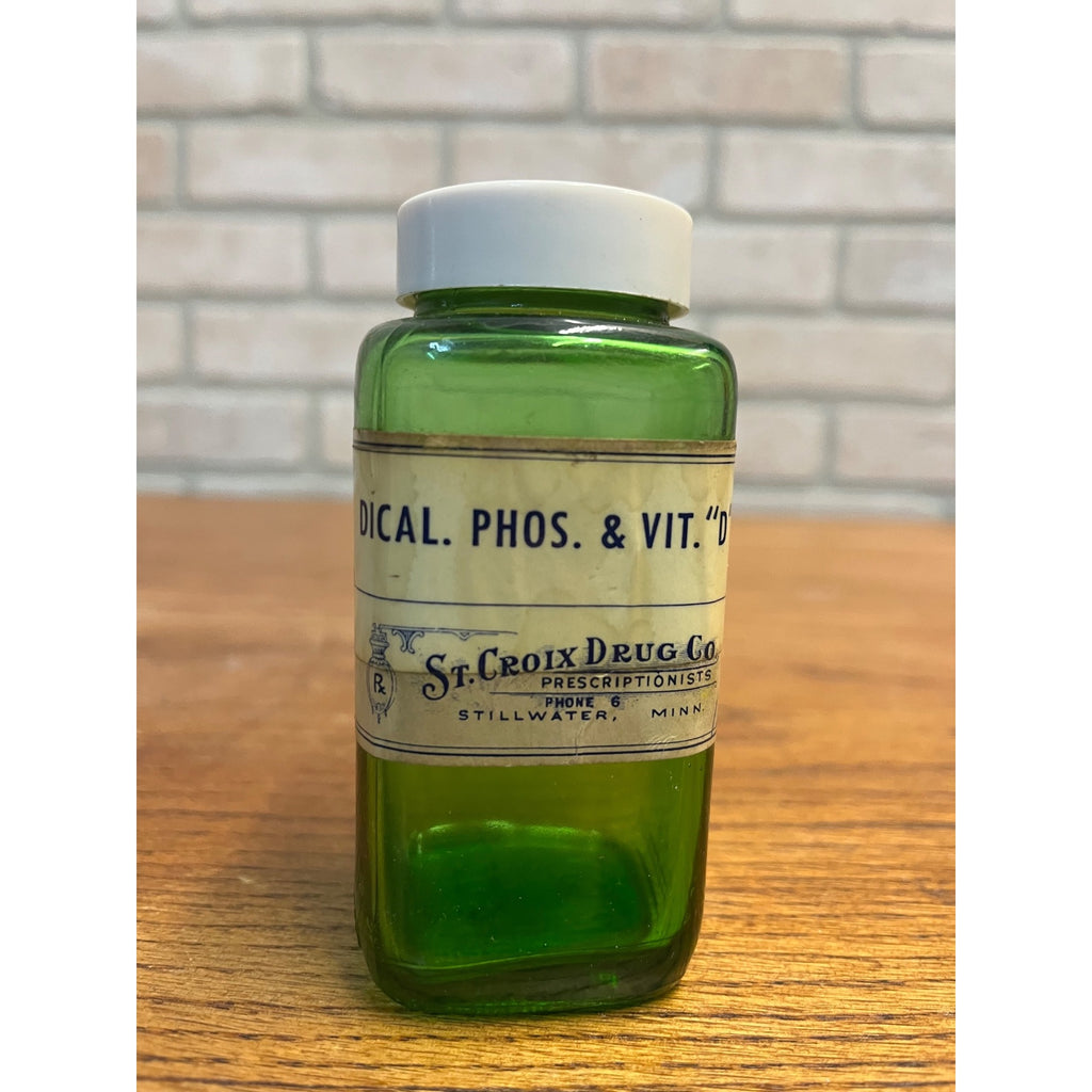 Vintage St. Croix Drug Co Green Apothecary Glass Jar Label Stillwater Minnesota