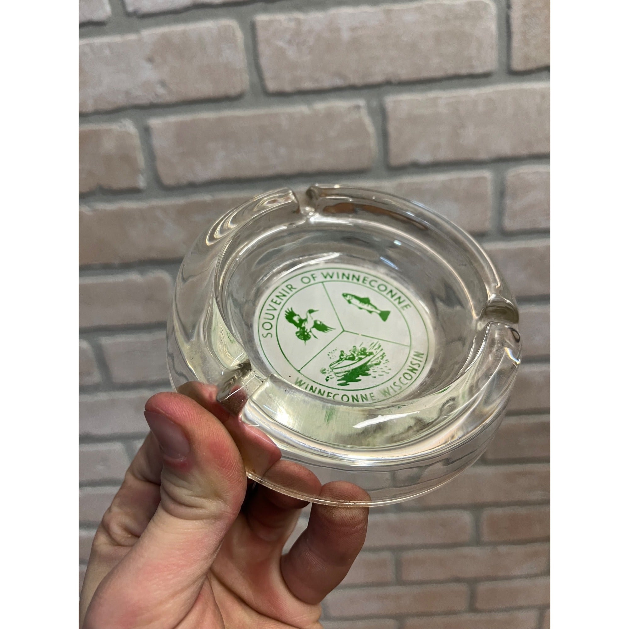 Vintage 1960s Winneconne Wisconsing Fishing Hunting Glass Souvenir Ashtray