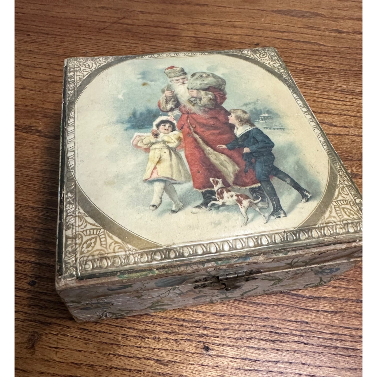 Antique Early Victorian Christmas Santa / St. Nicholas Celluloid Jewelry Box Children