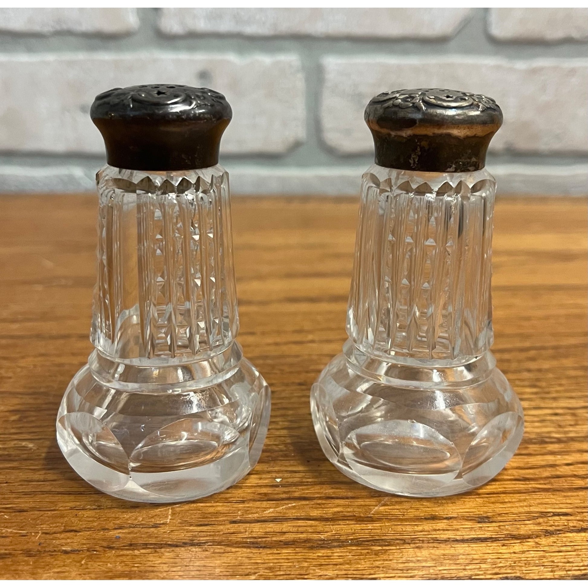 Vintage Cut Glass & Sterling Silver Cap Salt & Pepper Shakers Ornate Victorian