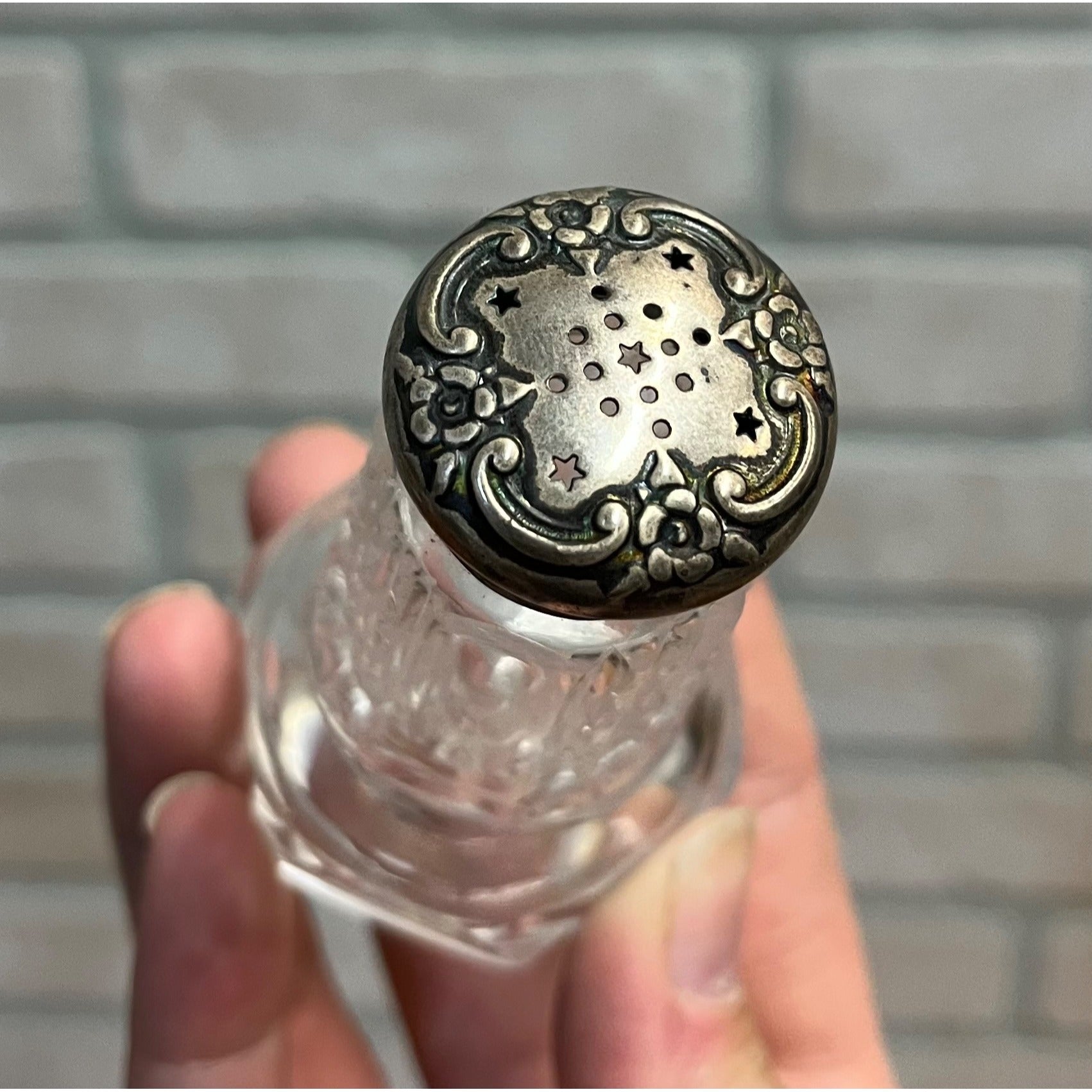 Vintage Cut Glass & Sterling Silver Cap Salt & Pepper Shakers Ornate Victorian