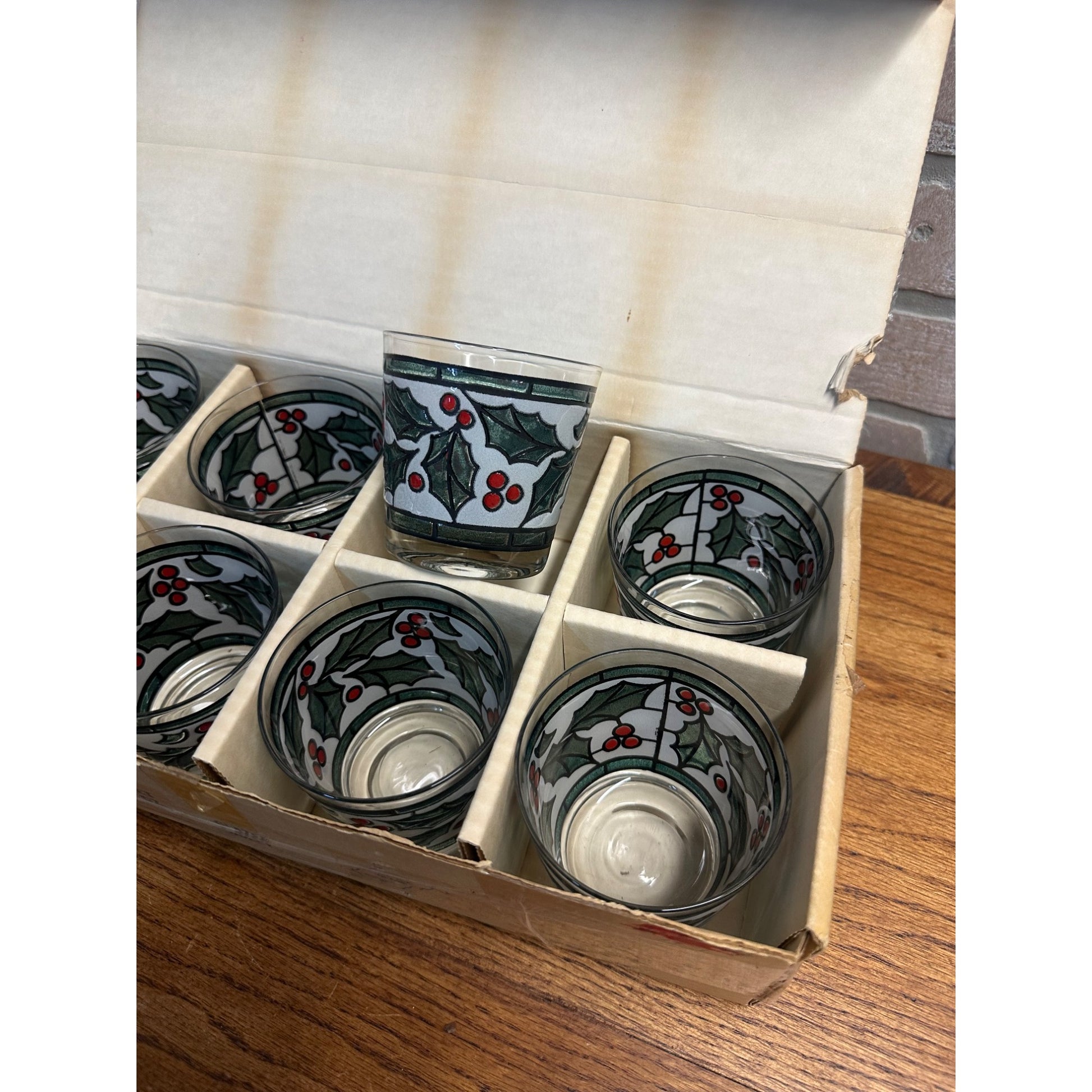 West Virginia Specialty Glass Glazed Holly Green Red Leaves Lowball Glass Set 8