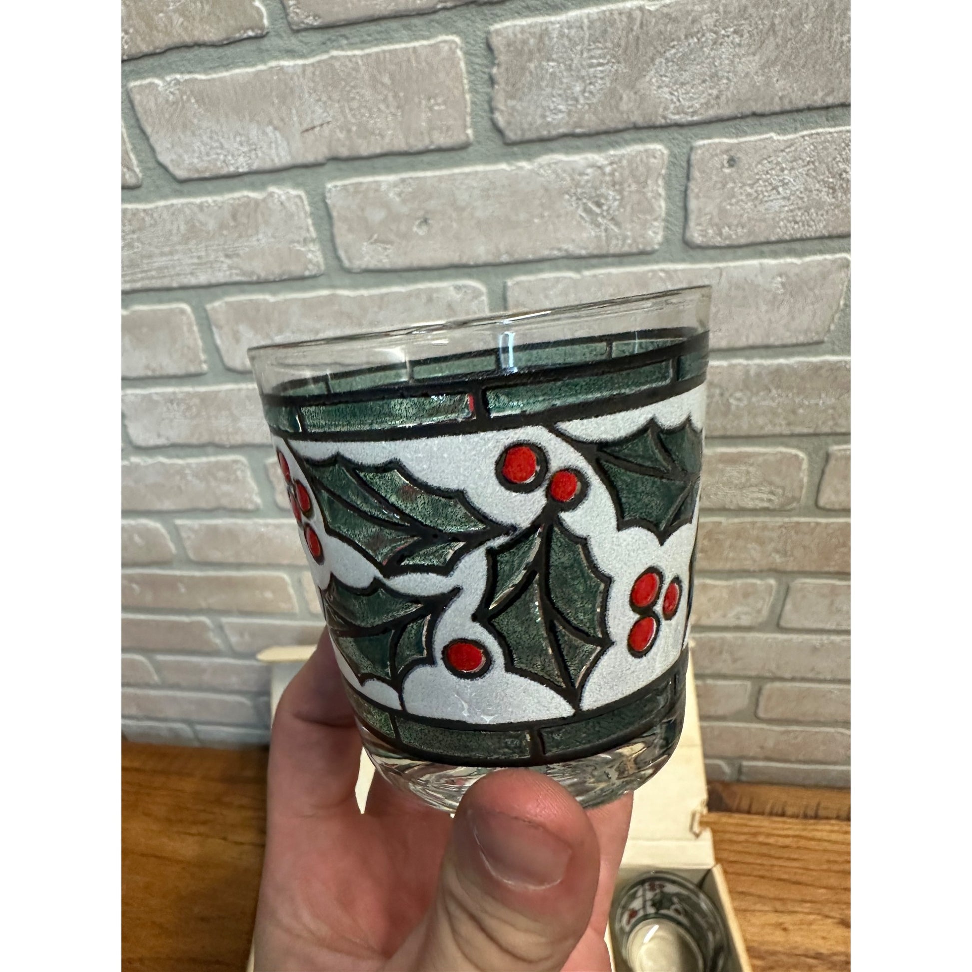 West Virginia Specialty Glass Glazed Holly Green Red Leaves Lowball Glass Set 8