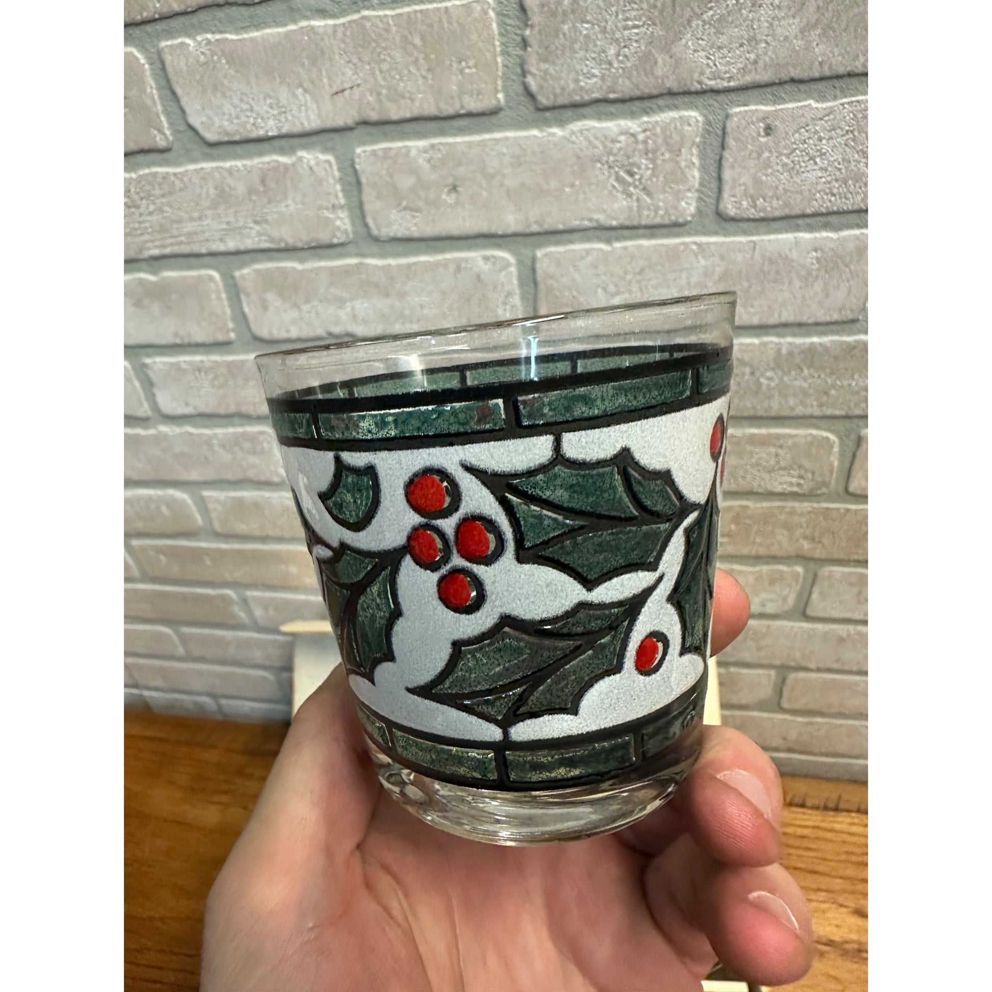 West Virginia Specialty Glass Glazed Holly Green Red Leaves Lowball Glass Set 8