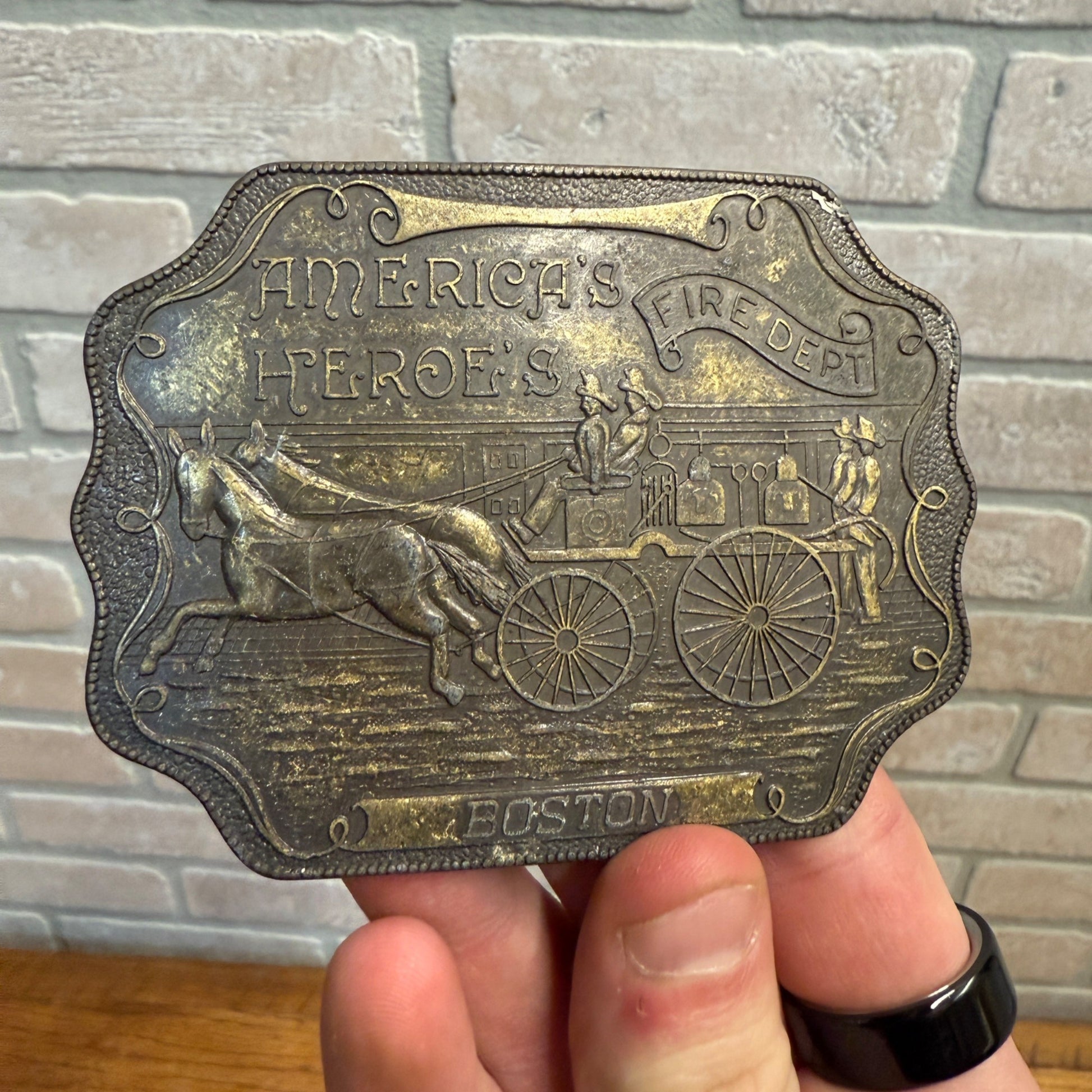 Vintage Americas Hero Boston Firefighter Horse Drawn Firetruck Belt Buckle Metal