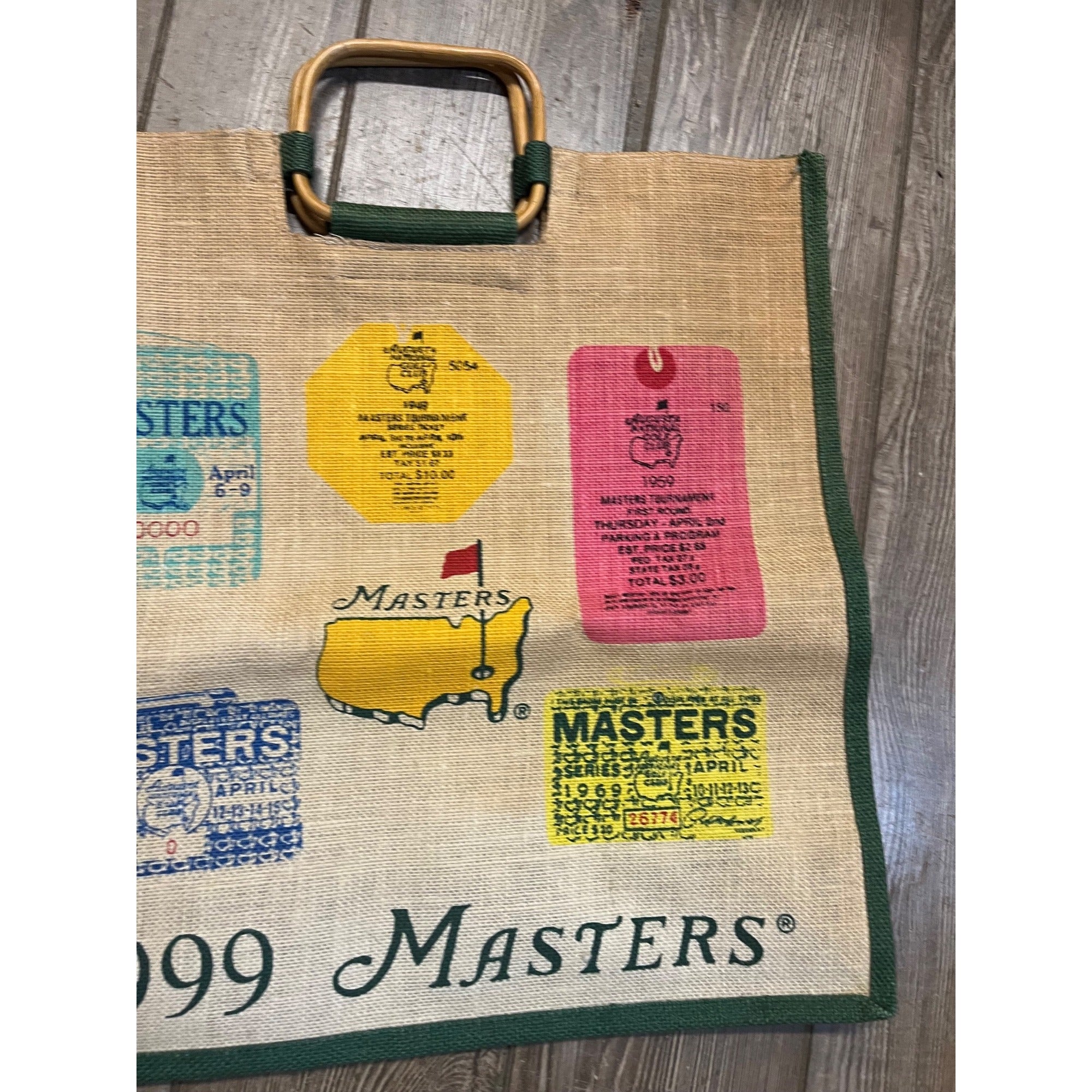 The Masters 1999 Augusta Golf Souvenir Tote Bag Jute Bamboo Handles Vintage PGA