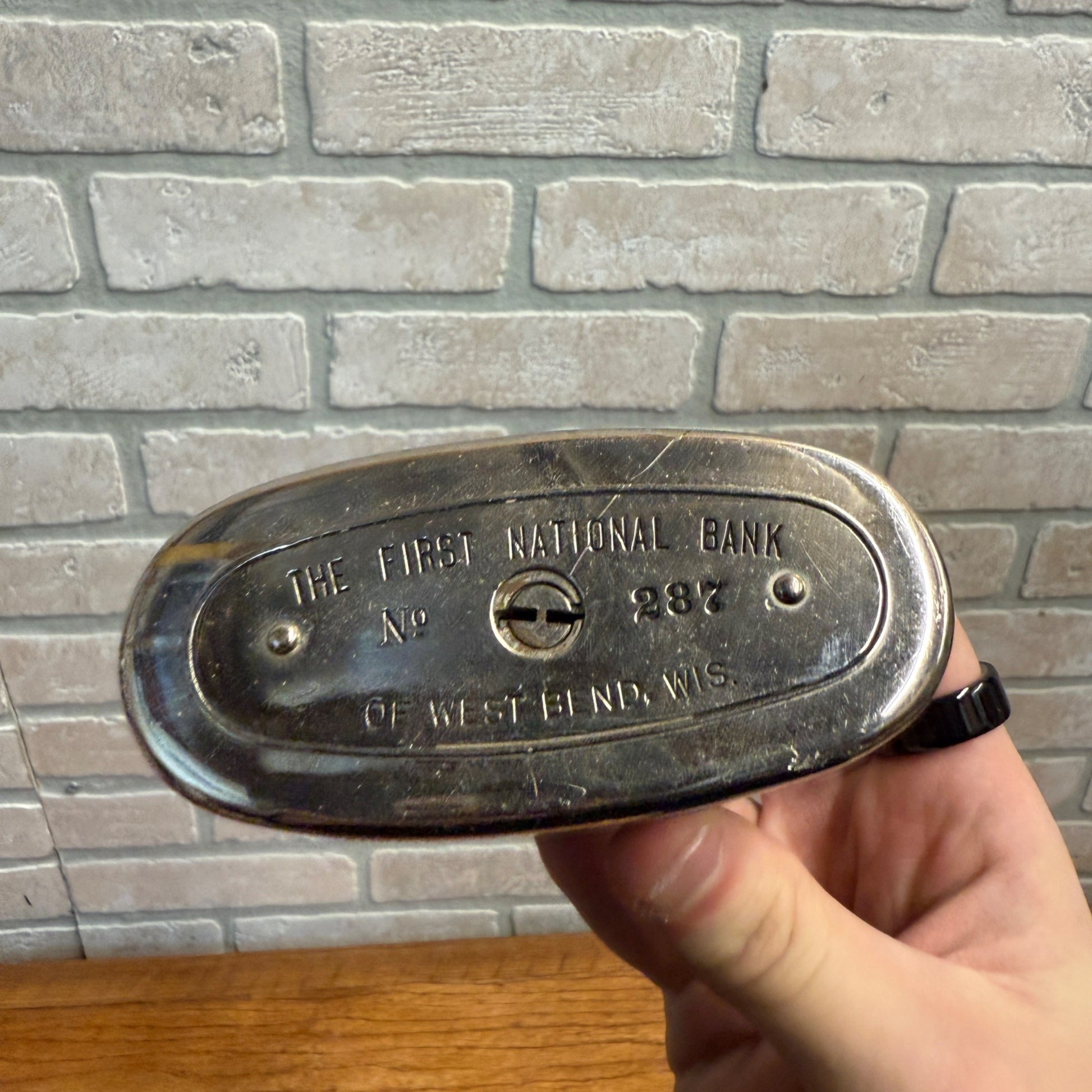 Vintage First National Bank West Bend Wisconsin Metal Coin Bank - No Key