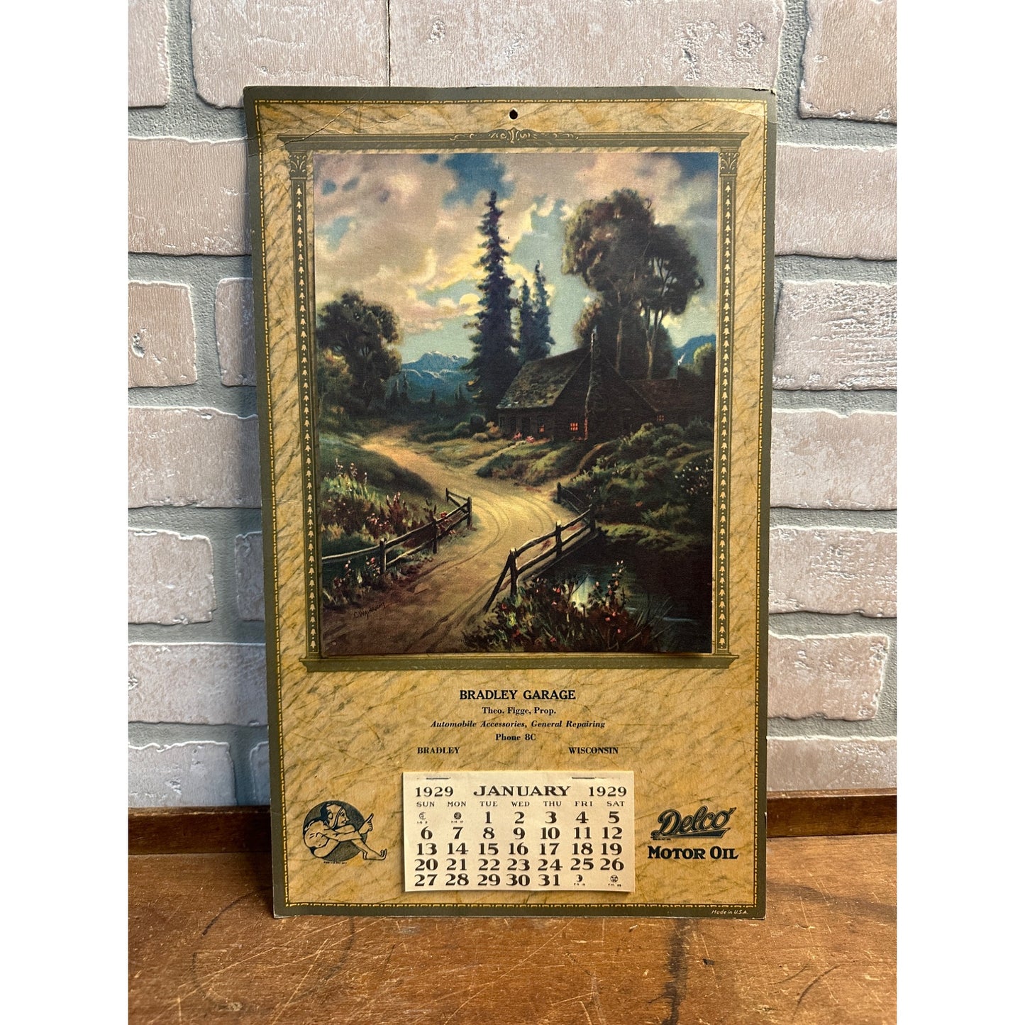 Antique 1929 Delco Motor Oil Calendar Bradley Wisconsin Advertising Automobile