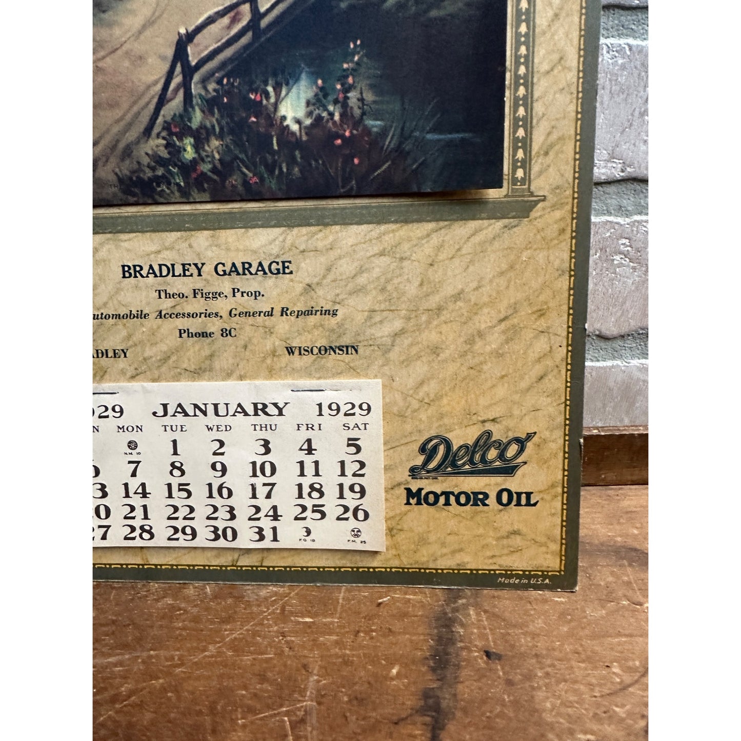 Antique 1929 Delco Motor Oil Calendar Bradley Wisconsin Advertising Automobile