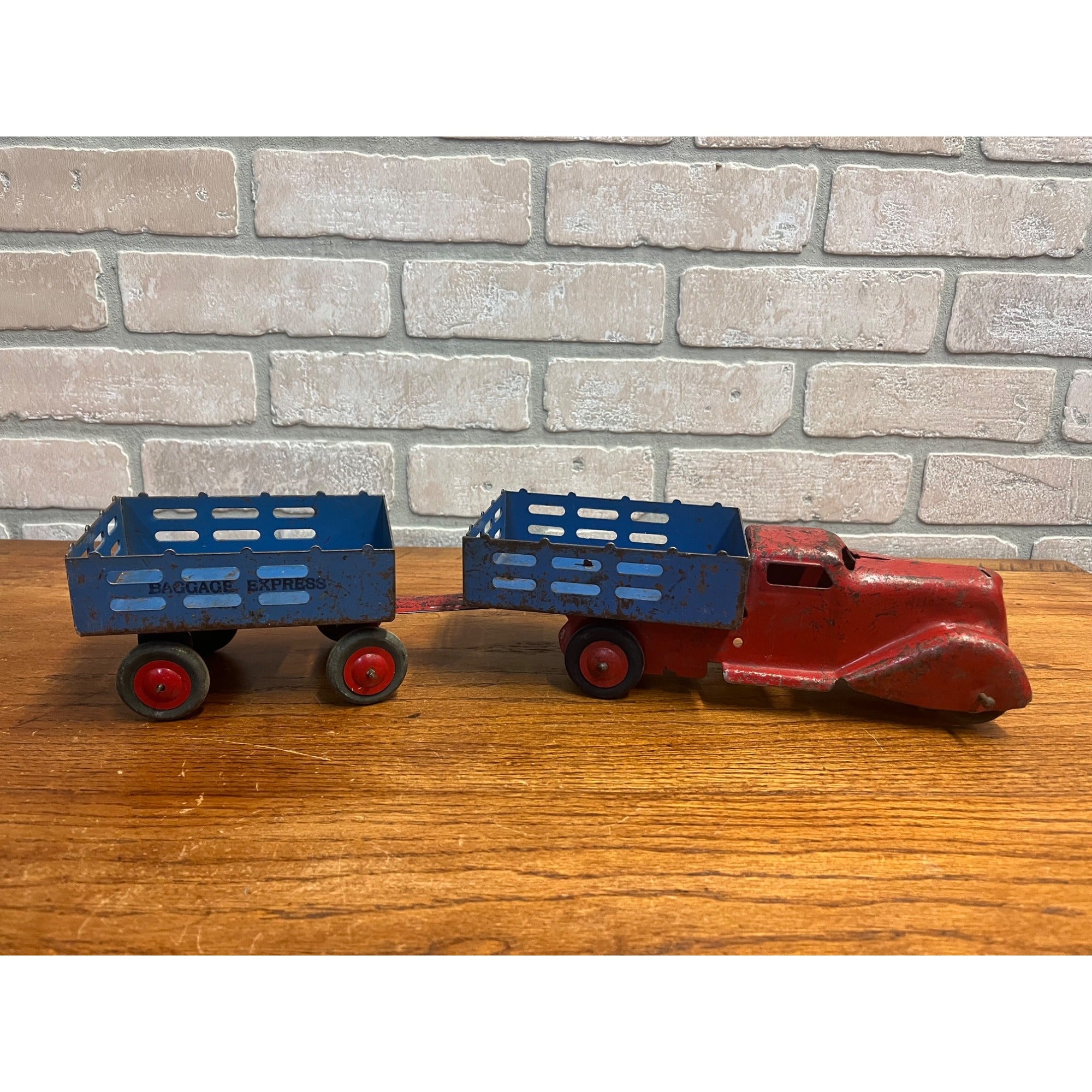 Vintage Marx Wyandotte Pressed Steel Toy Stake Truck + Baggage Express Trailer