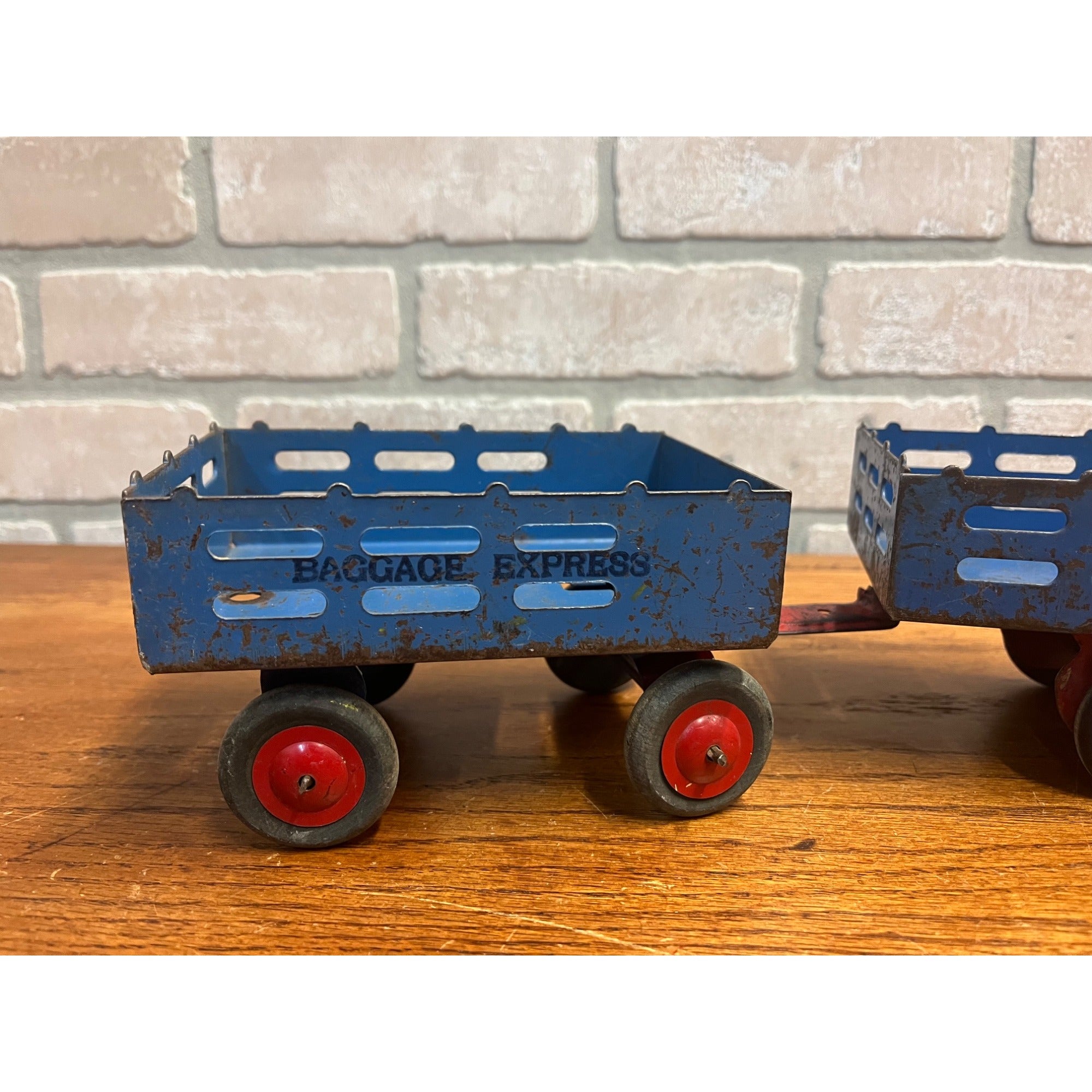 Vintage Marx Wyandotte Pressed Steel Toy Stake Truck + Baggage Express Trailer