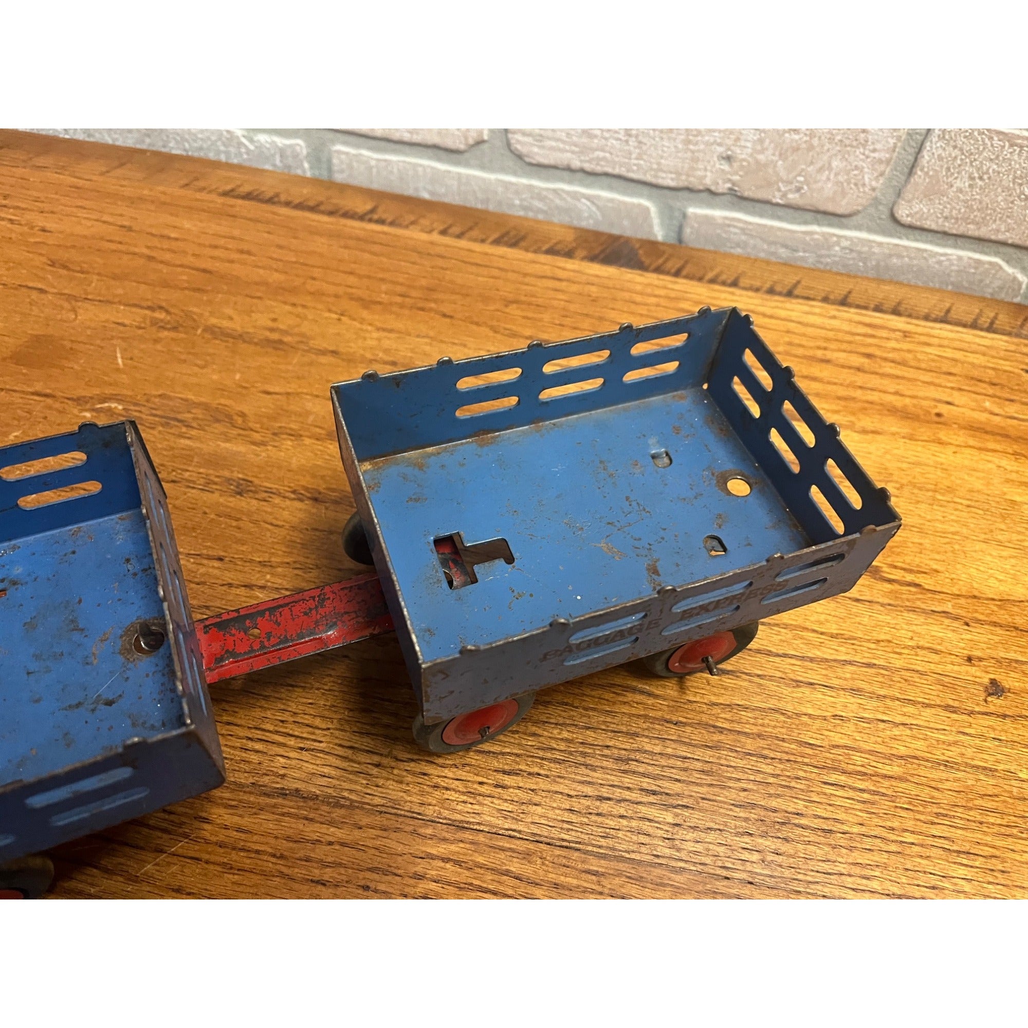 Vintage Marx Wyandotte Pressed Steel Toy Stake Truck + Baggage Express Trailer