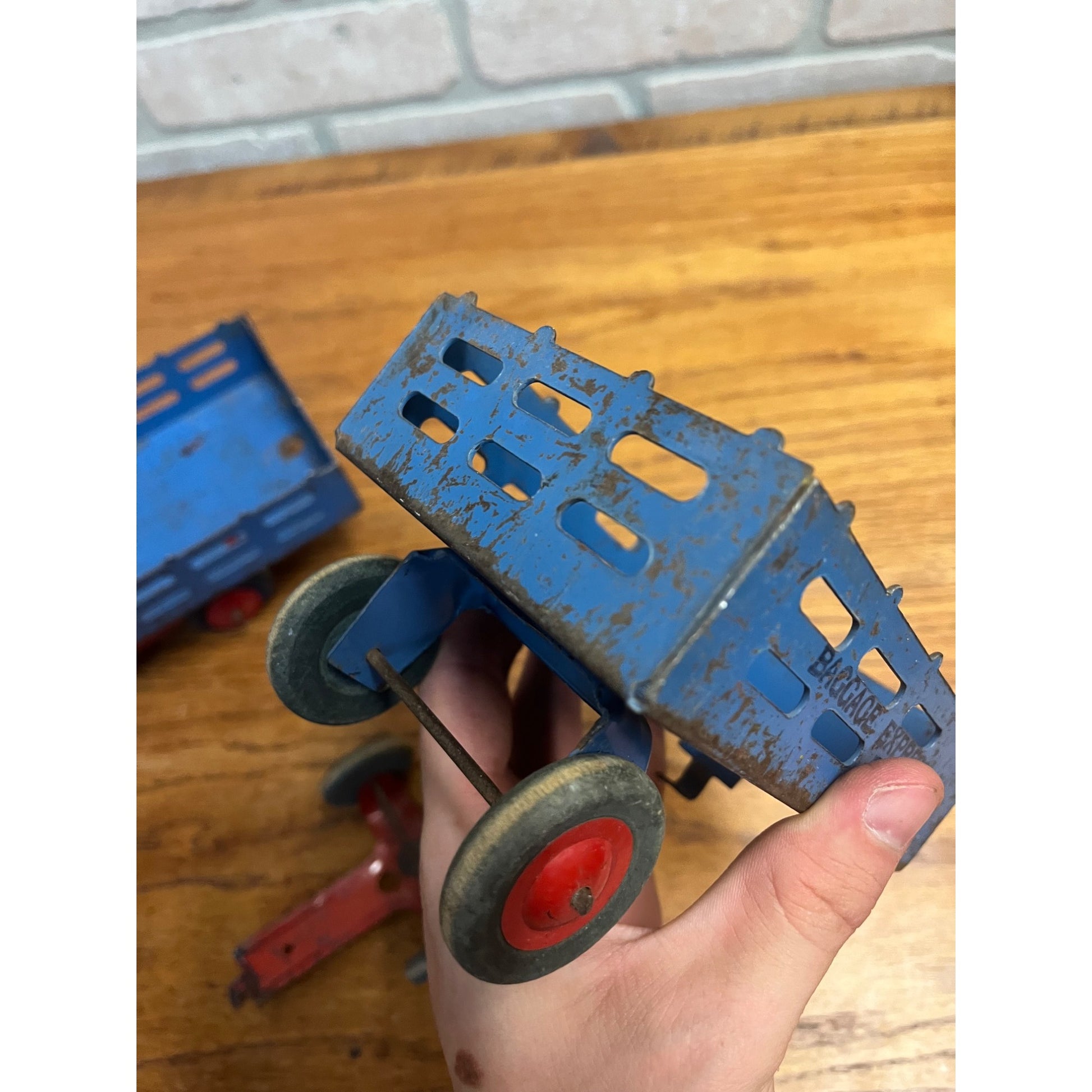 Vintage Marx Wyandotte Pressed Steel Toy Stake Truck + Baggage Express Trailer