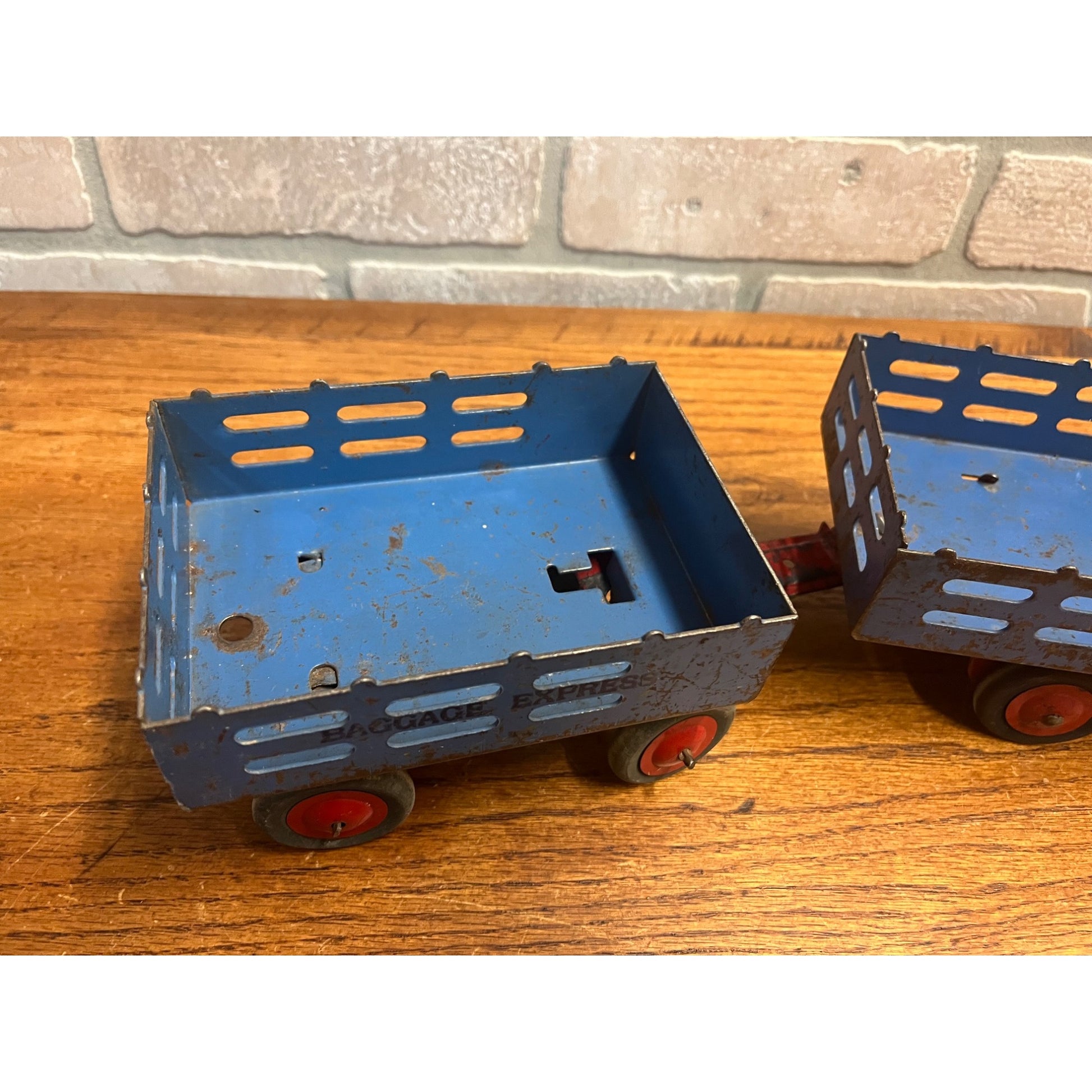 Vintage Marx Wyandotte Pressed Steel Toy Stake Truck + Baggage Express Trailer