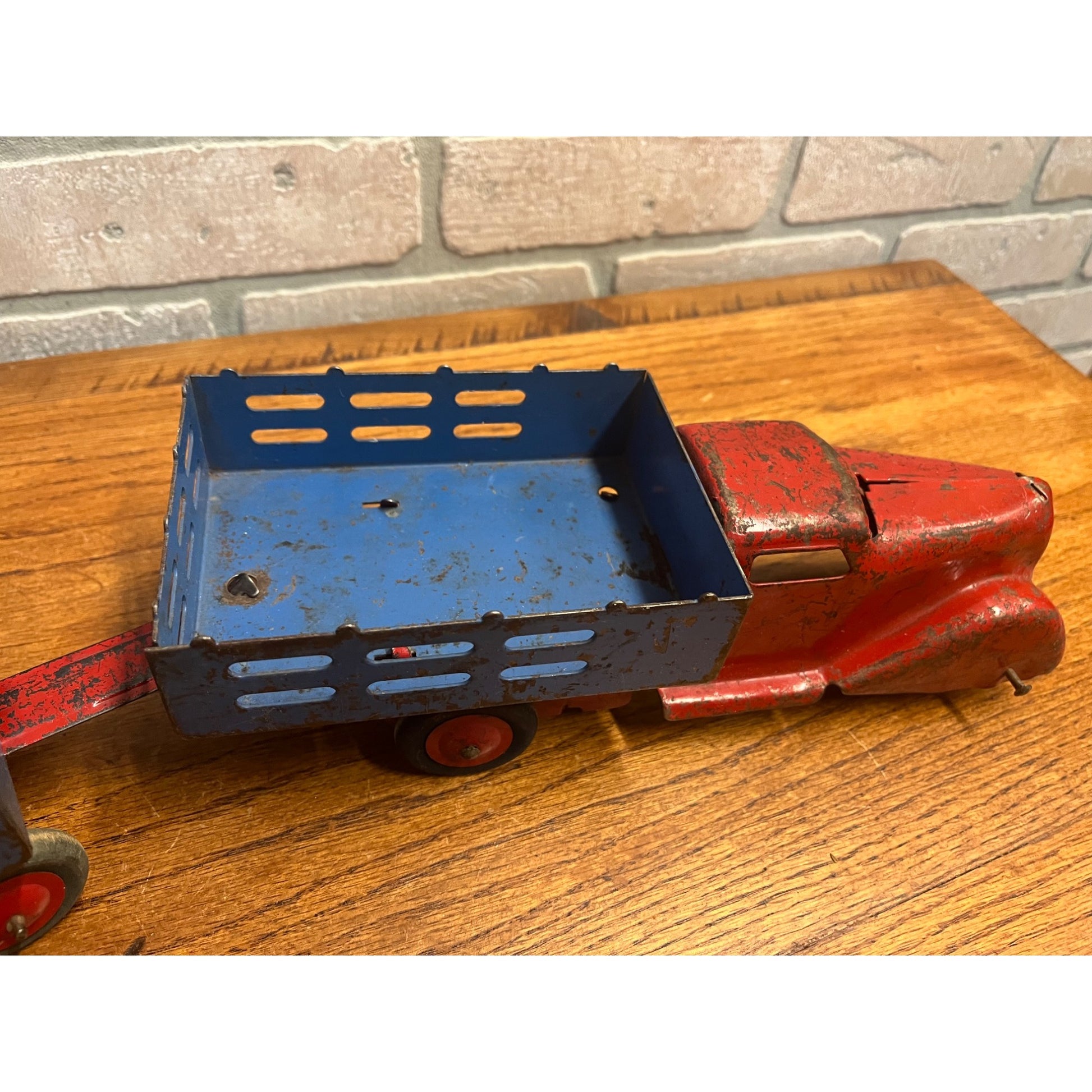 Vintage Marx Wyandotte Pressed Steel Toy Stake Truck + Baggage Express Trailer