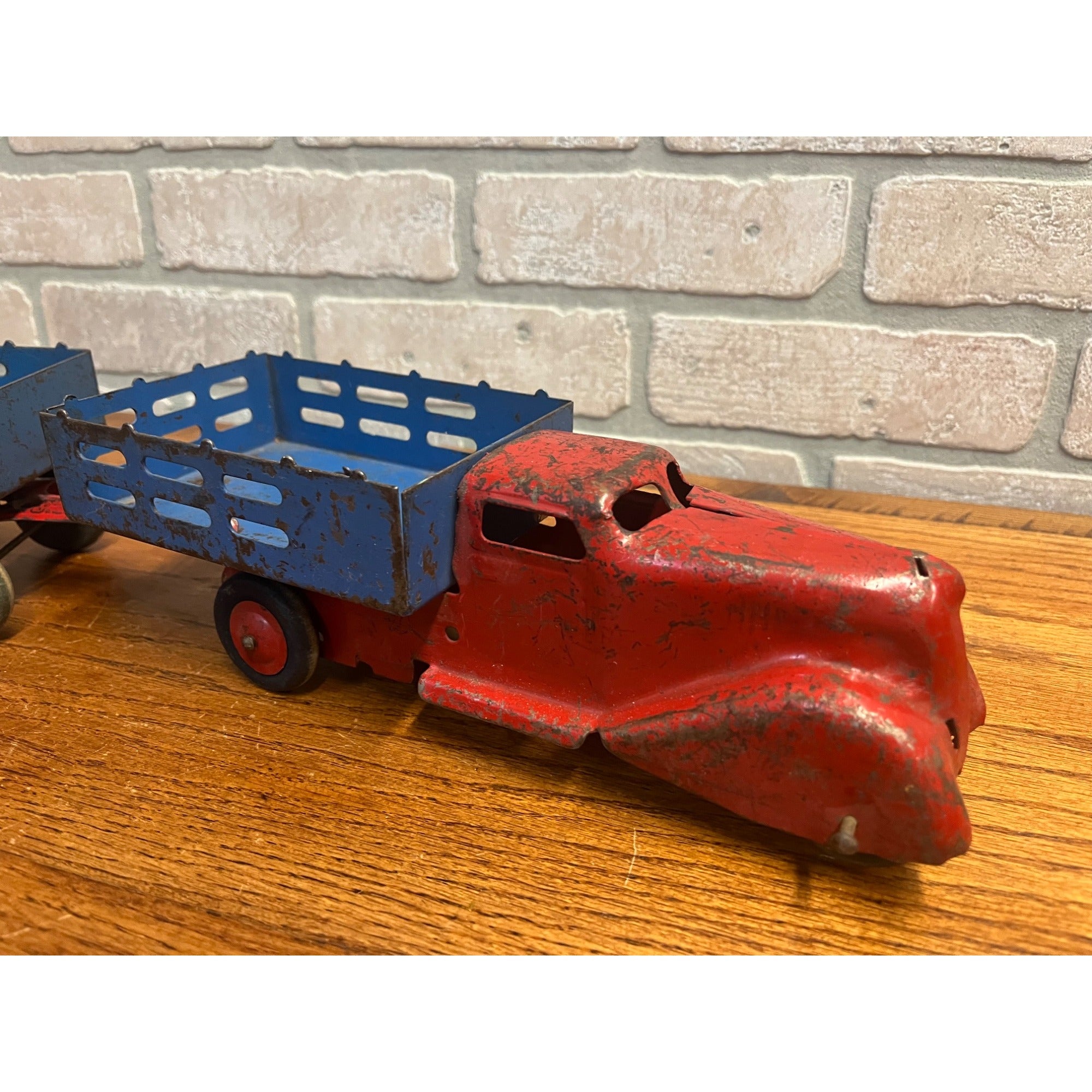 Vintage Marx Wyandotte Pressed Steel Toy Stake Truck + Baggage Express Trailer