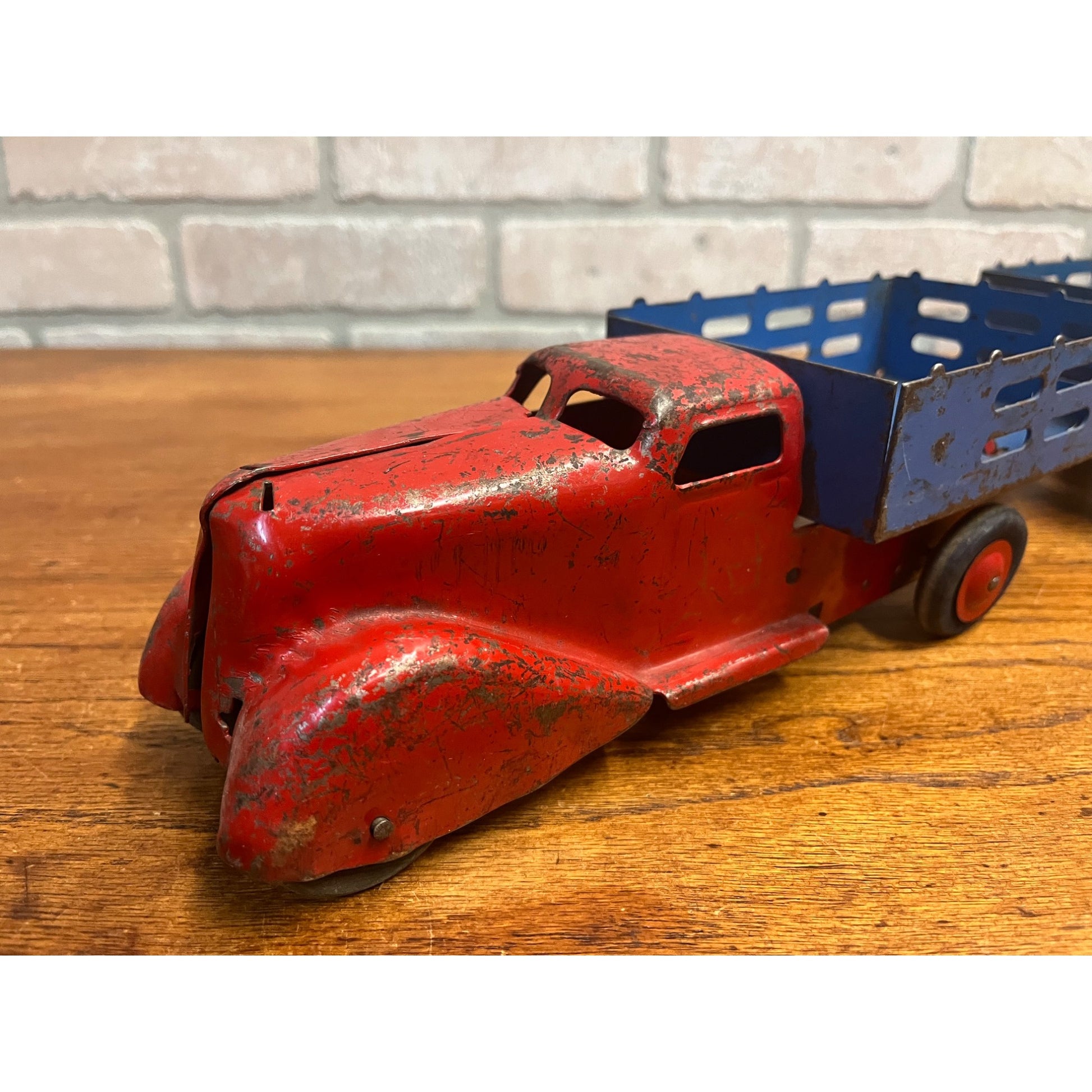 Vintage Marx Wyandotte Pressed Steel Toy Stake Truck + Baggage Express Trailer