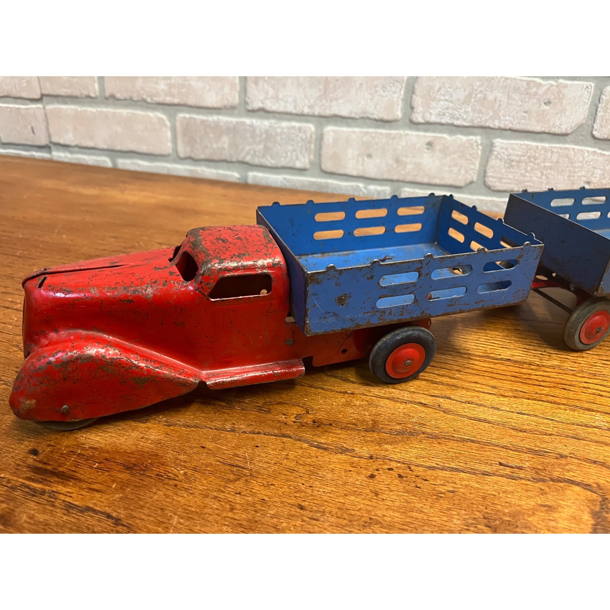 Vintage Marx Wyandotte Pressed Steel Toy Stake Truck + Baggage Express Trailer
