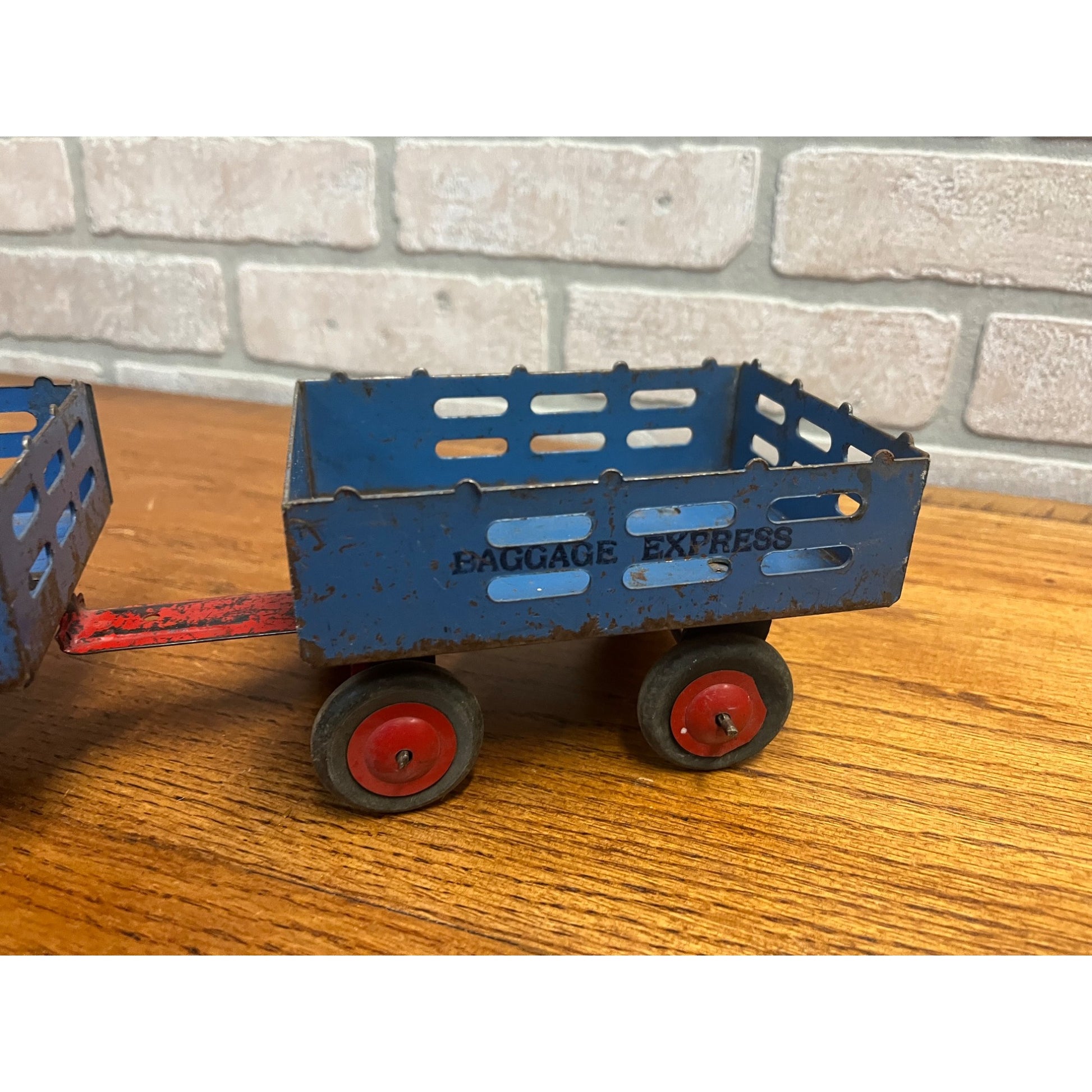 Vintage Marx Wyandotte Pressed Steel Toy Stake Truck + Baggage Express Trailer