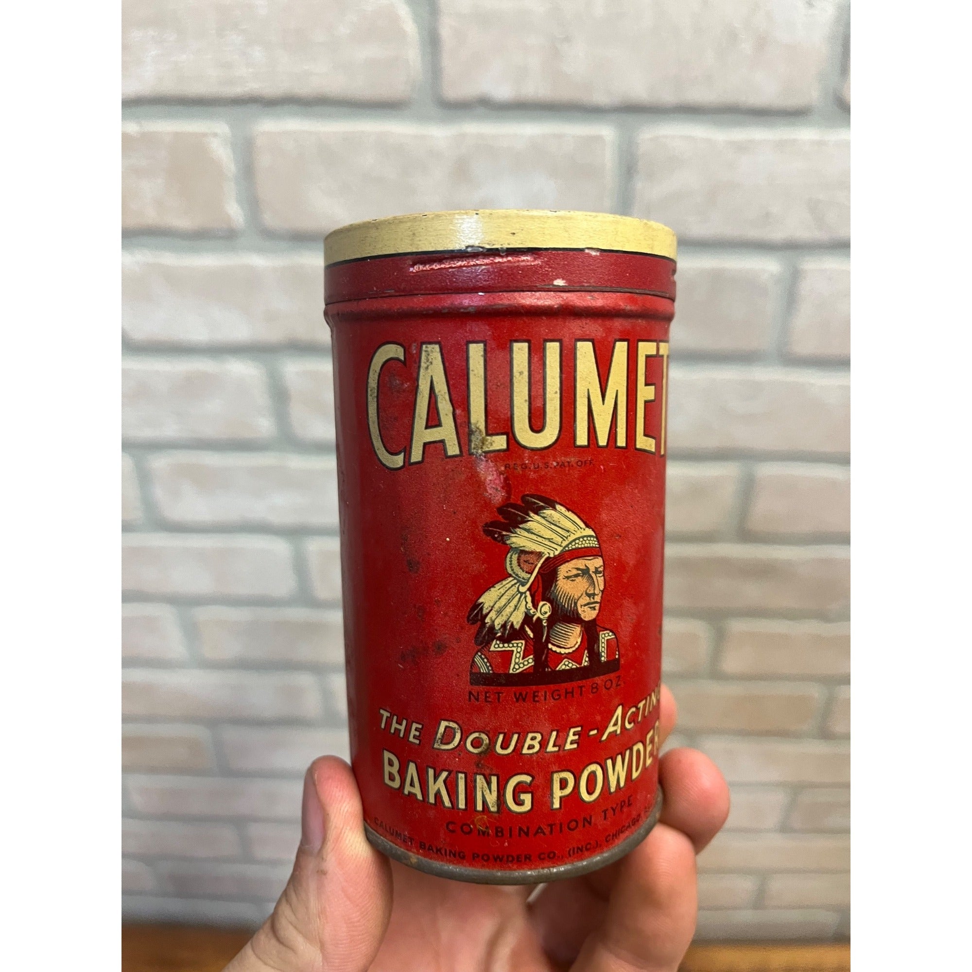 Vintage 1930s Calumet Baking Powder Tin Advertising Can Kitchen Decor Early Indian Logo