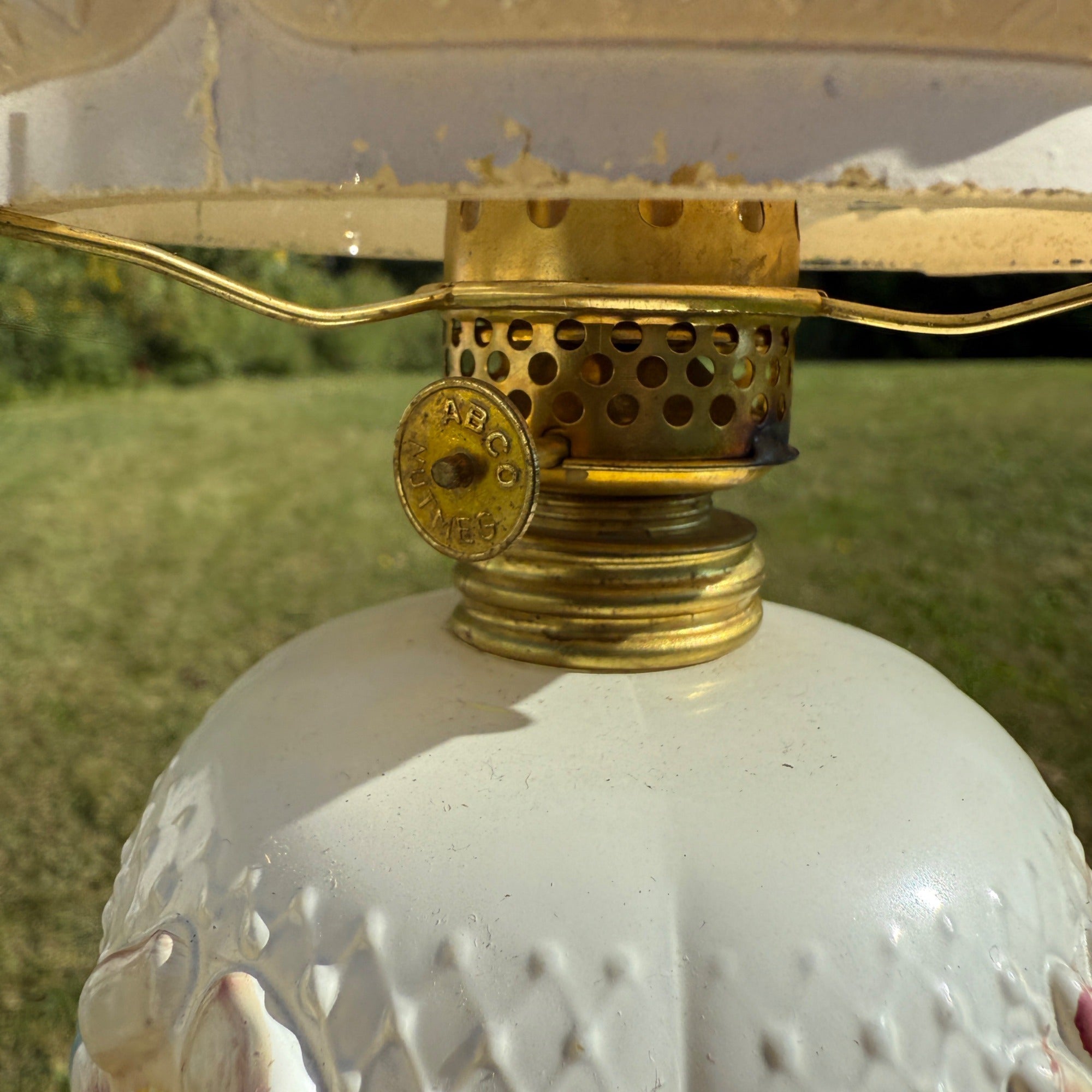 Antique Consolidated Milk Glass Cosmos Miniature Oil Lamp W/ Chimney & Shade