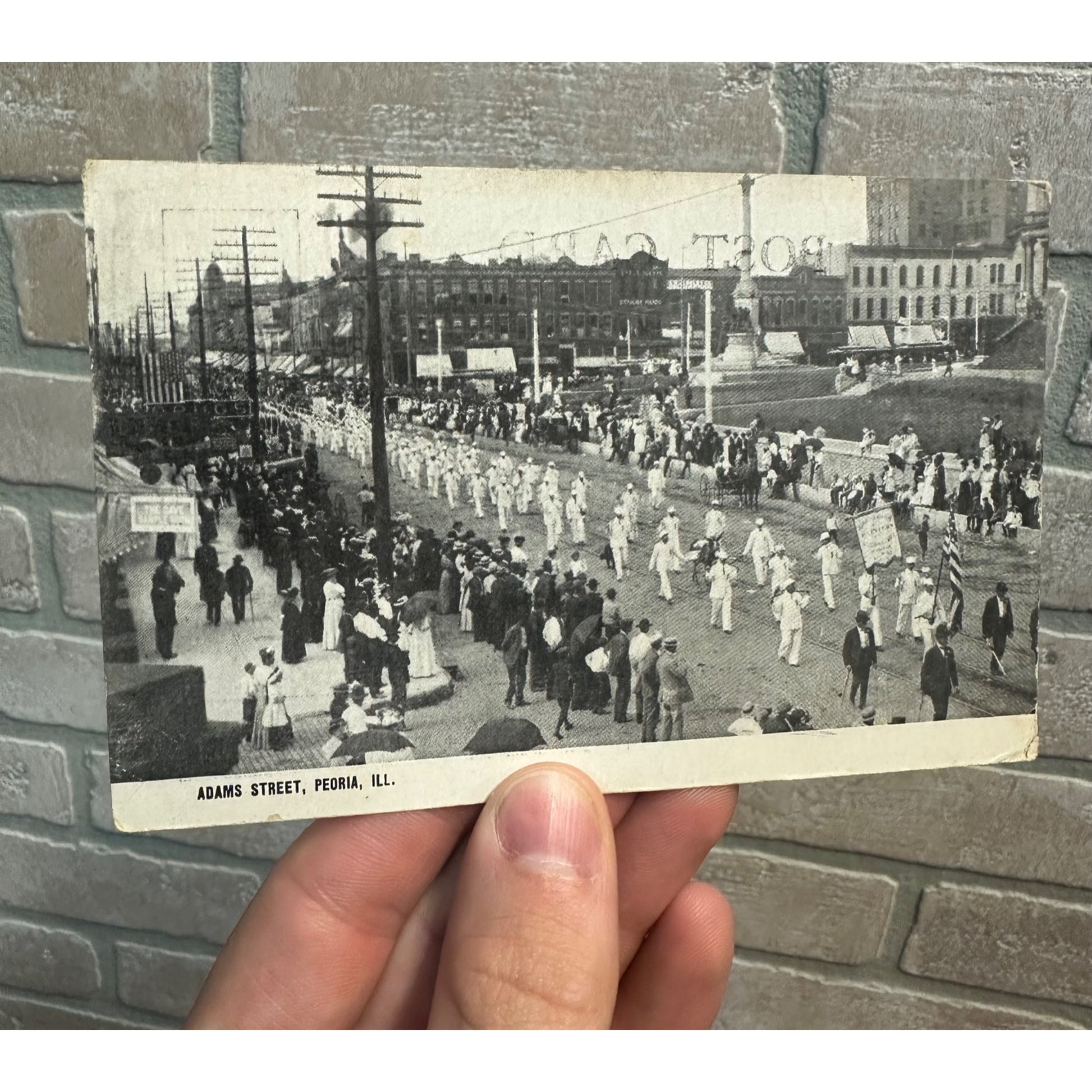Vintage Postcard Adams Street Patriotic Parade View Peoria ILL Illinois 1908