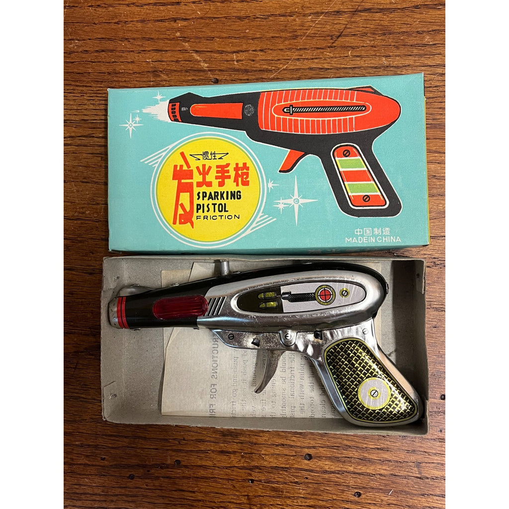 Vintage Tin Friction Sparking Pistol Ray Gun Toy MF 116 Space Gun w/ Box