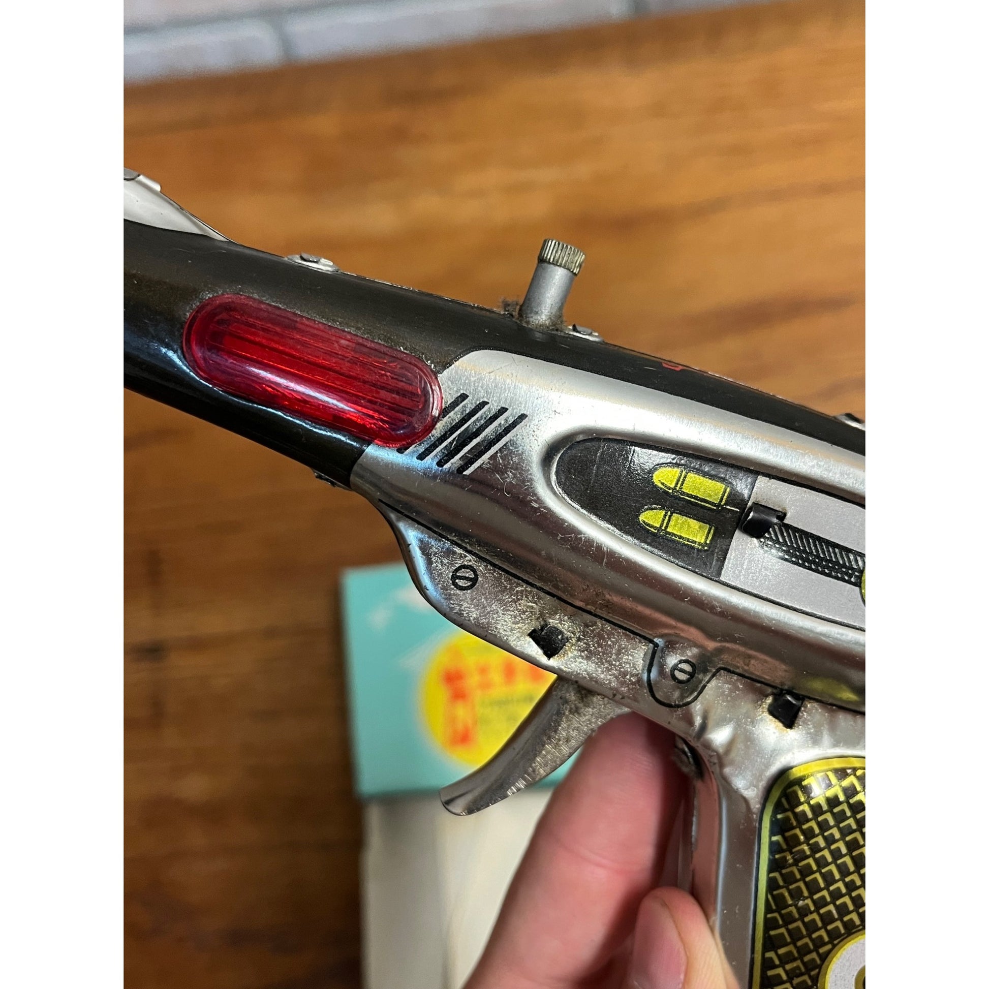 Vintage Tin Friction Sparking Pistol Ray Gun Toy MF 116 Space Gun w/ Box