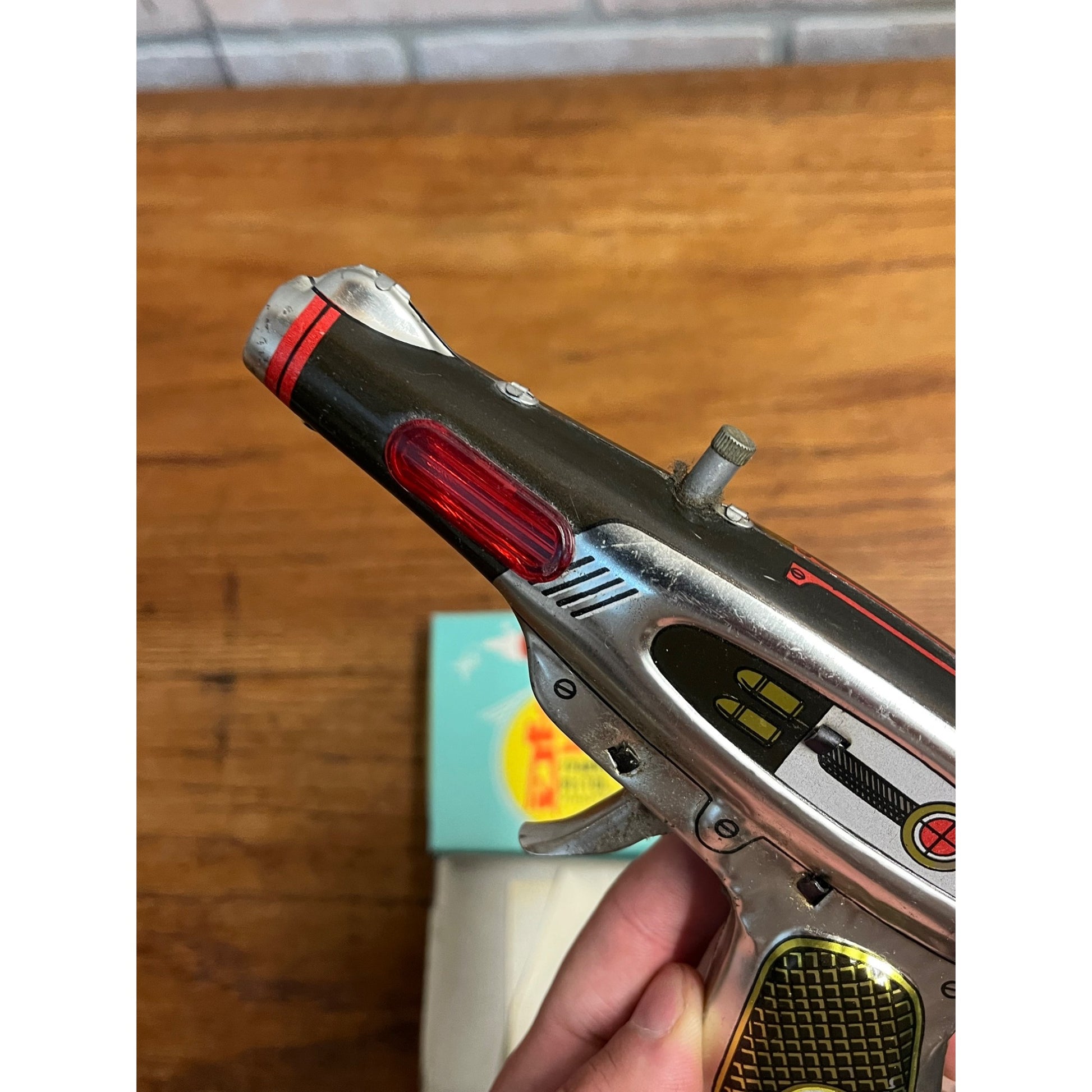 Vintage Tin Friction Sparking Pistol Ray Gun Toy MF 116 Space Gun w/ Box