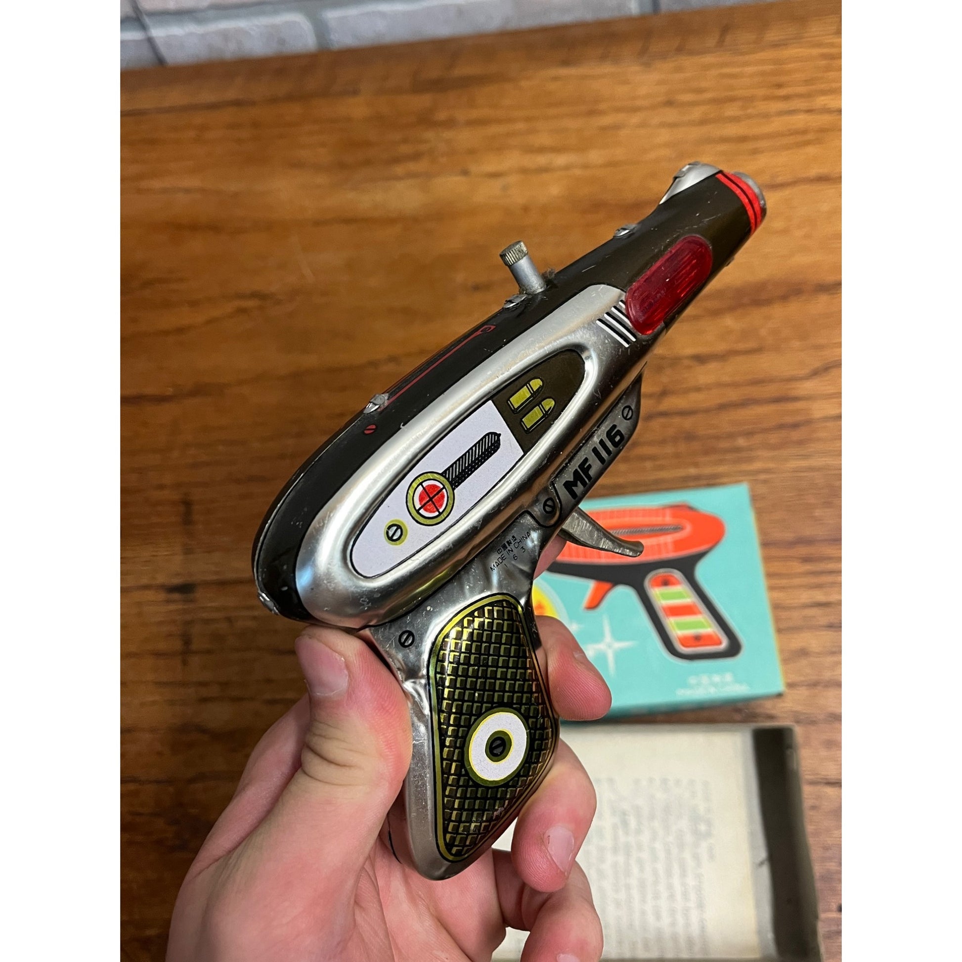 Vintage Tin Friction Sparking Pistol Ray Gun Toy MF 116 Space Gun w/ Box