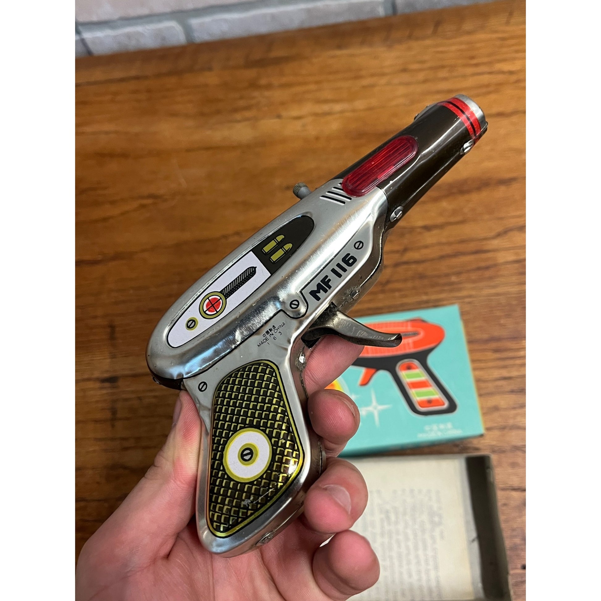 Vintage Tin Friction Sparking Pistol Ray Gun Toy MF 116 Space Gun w/ Box