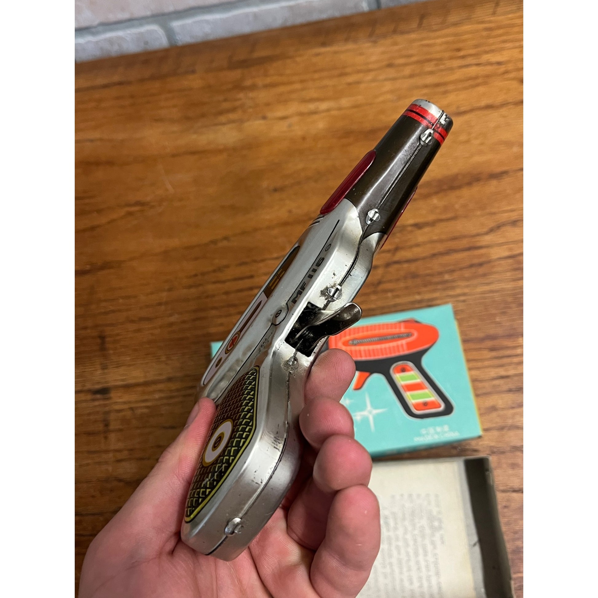 Vintage Tin Friction Sparking Pistol Ray Gun Toy MF 116 Space Gun w/ Box