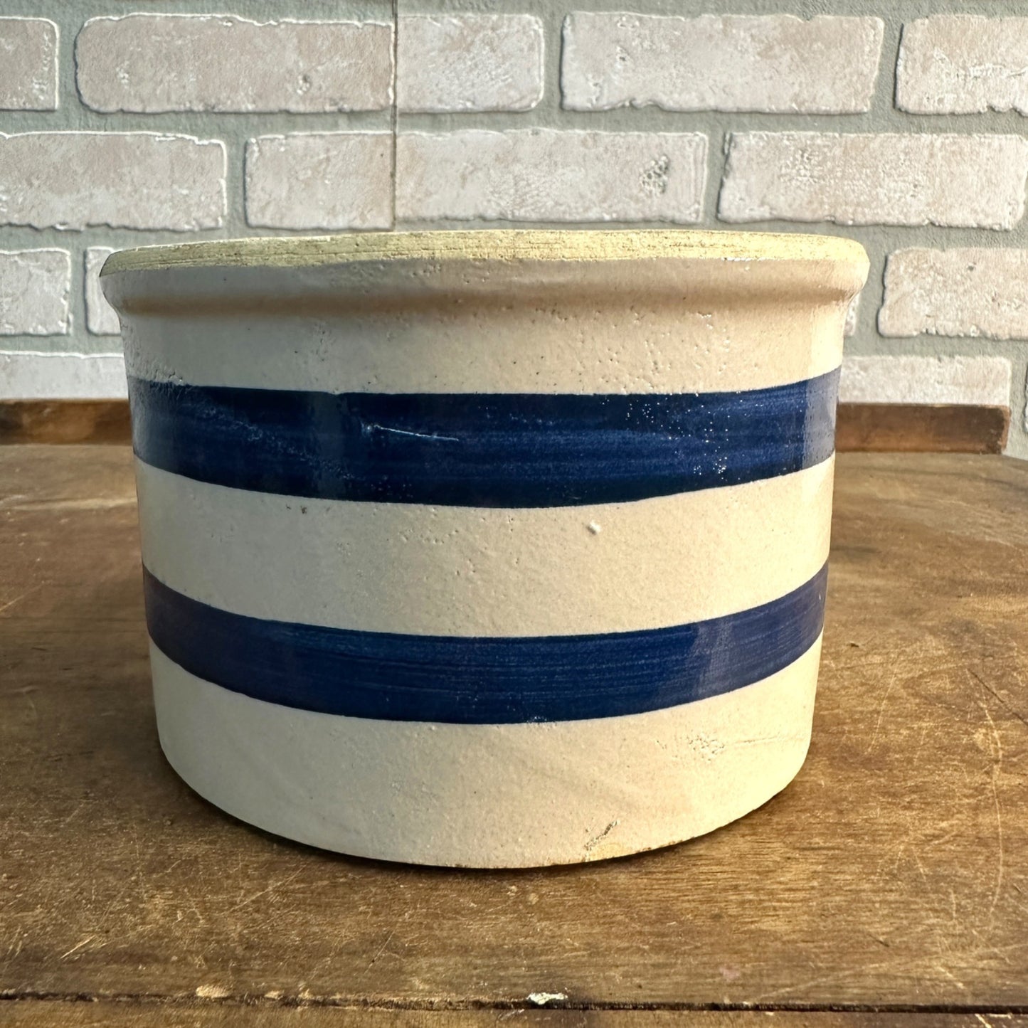 Vintage Robinson Ransbottom 6" Blue Striped Butter Crock Stoneware White