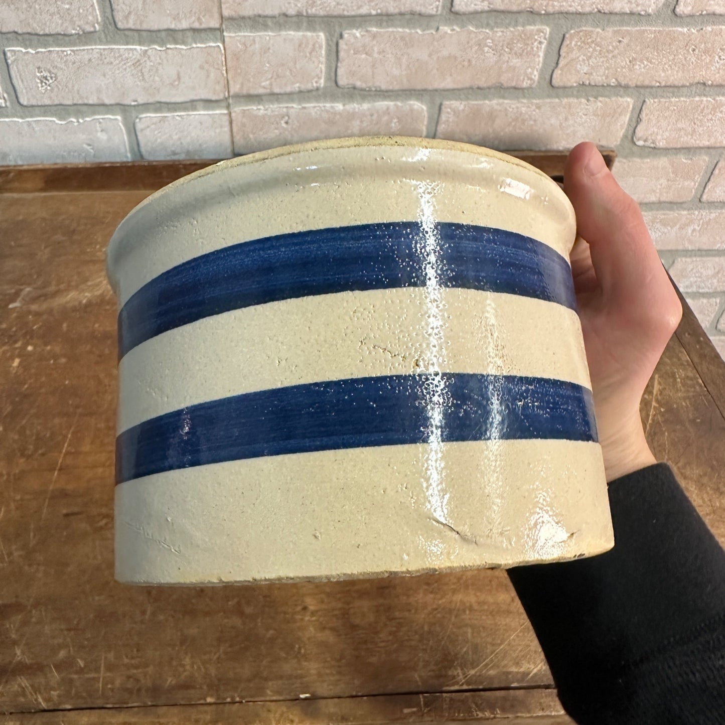 Vintage Robinson Ransbottom 6" Blue Striped Butter Crock Stoneware White