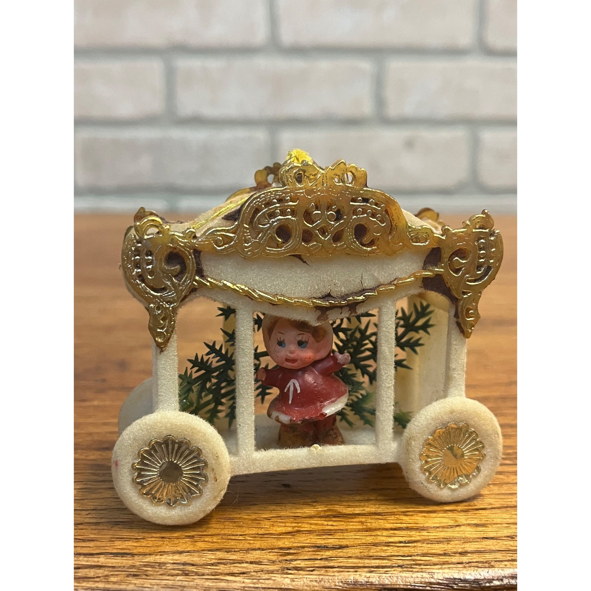 Vintage Flocked Mid-Century Kitschy Christmas Ornament Angel Carriage