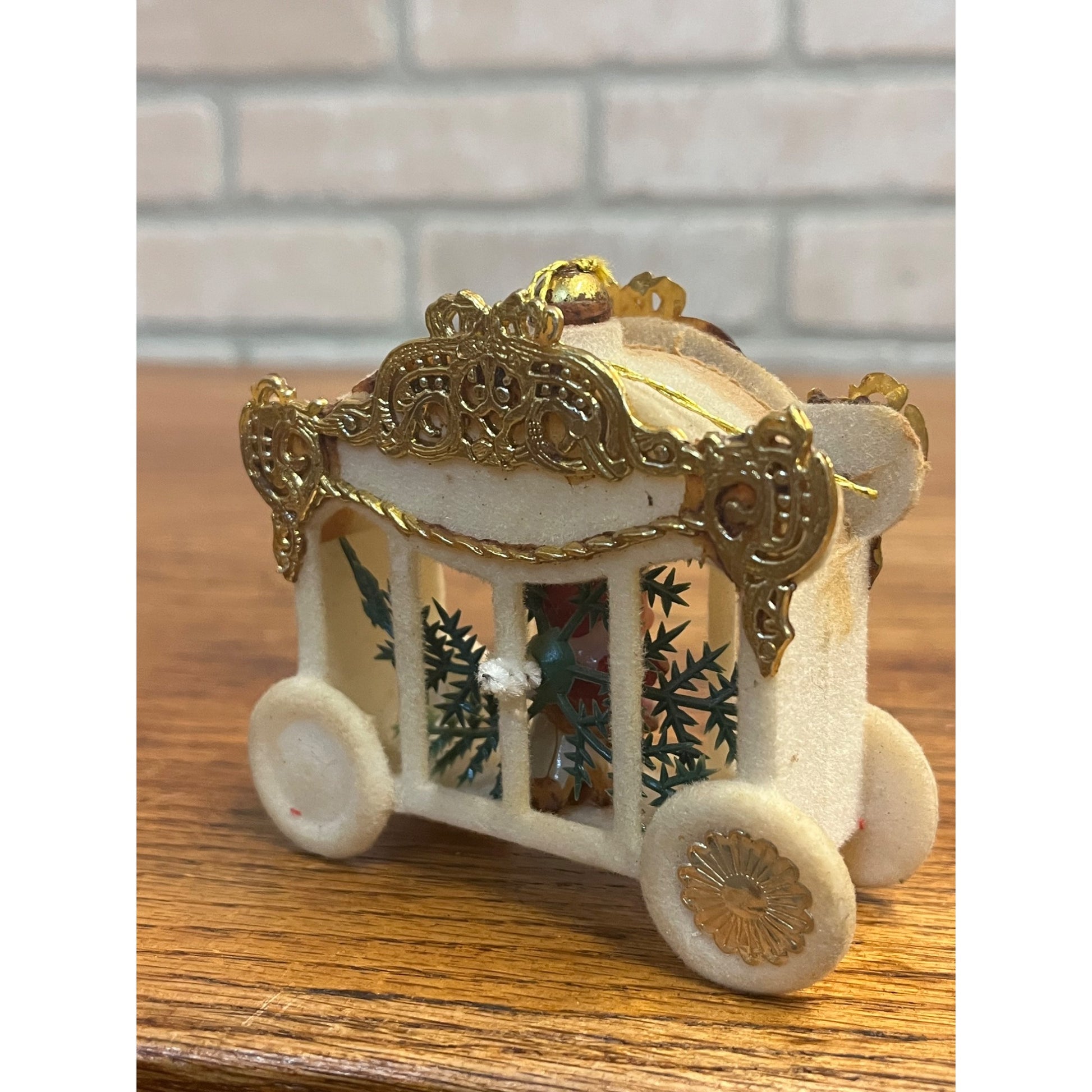 Vintage Flocked Mid-Century Kitschy Christmas Ornament Angel Carriage