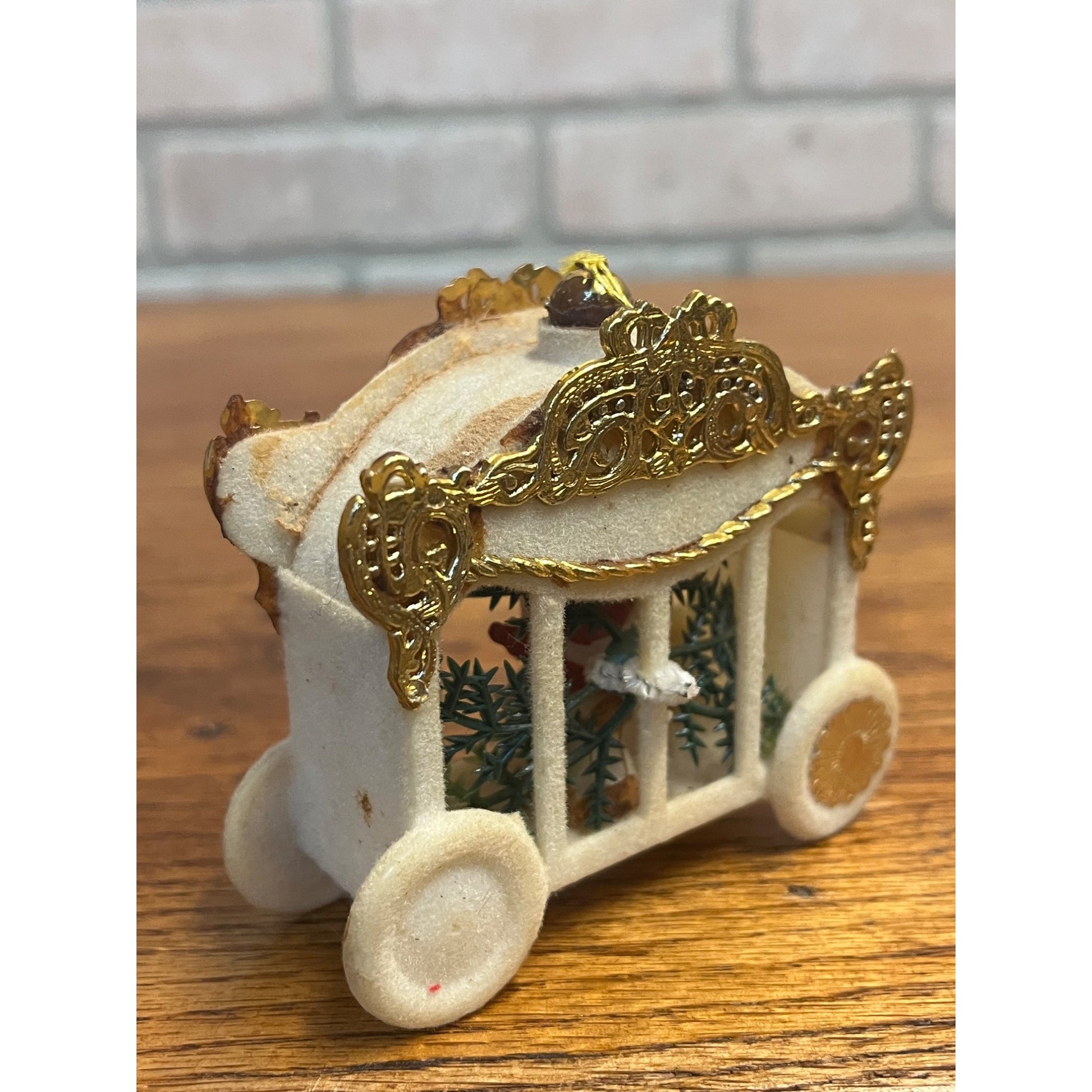 Vintage Flocked Mid-Century Kitschy Christmas Ornament Angel Carriage