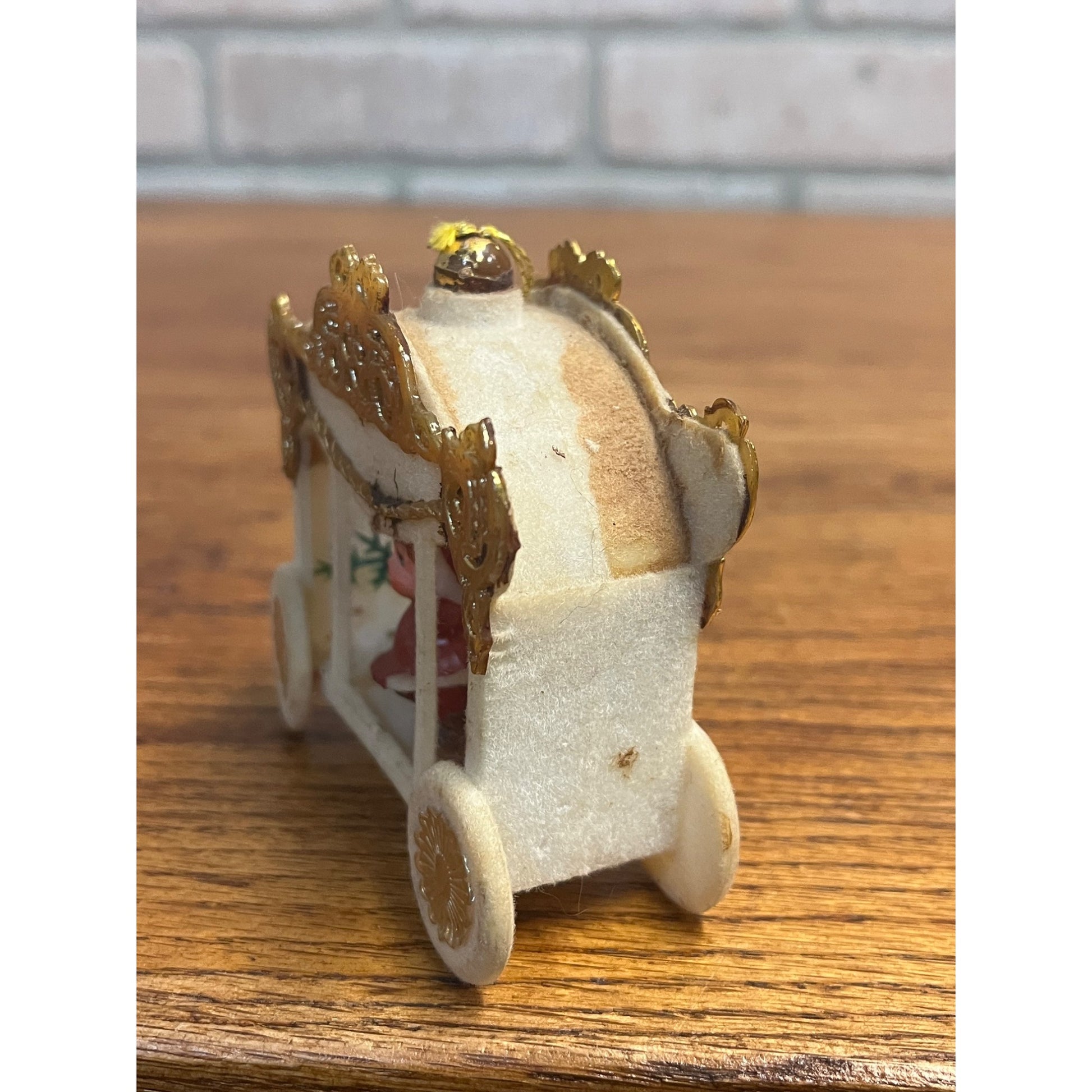 Vintage Flocked Mid-Century Kitschy Christmas Ornament Angel Carriage