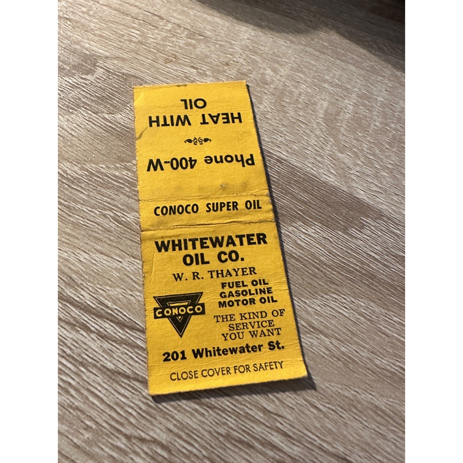 Vintage Whitewater Oil Co Thayer Wisconsin Conoco  Advertising Matchbook