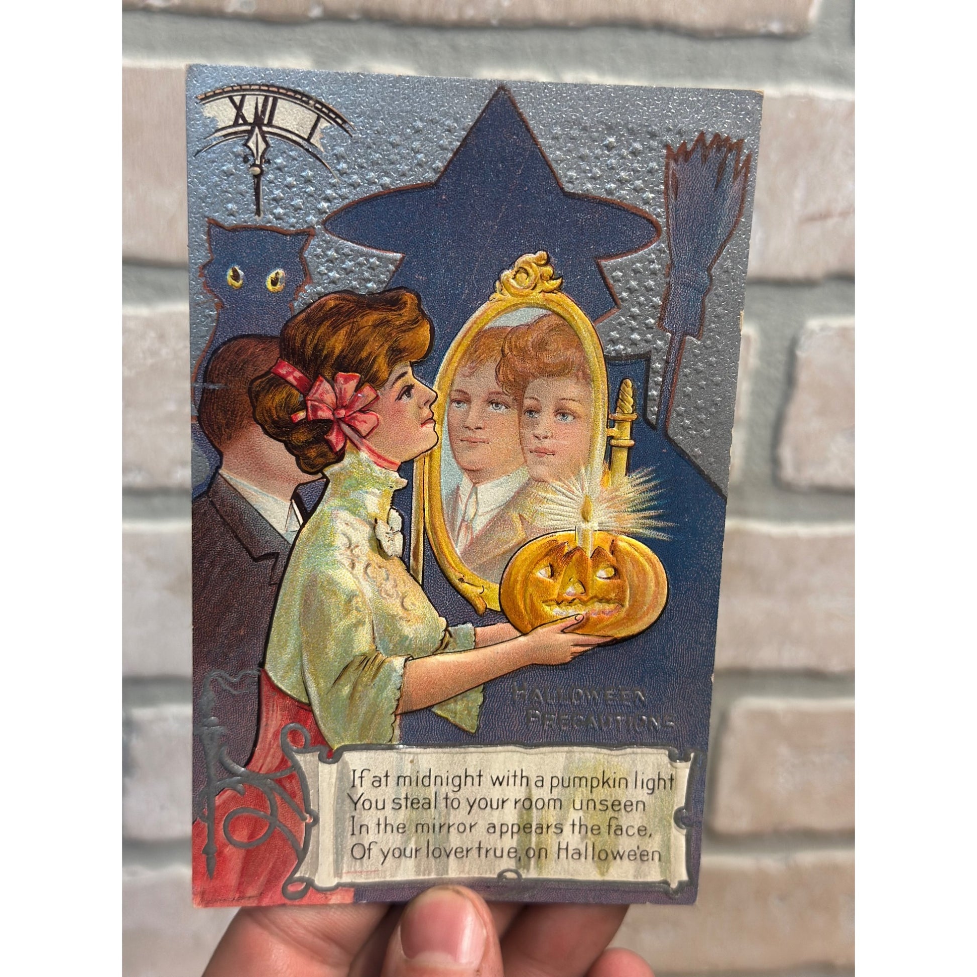 Vintage Halloween Postcard Series No 2 Nash Halloween Precautions Mirror Pumpkin