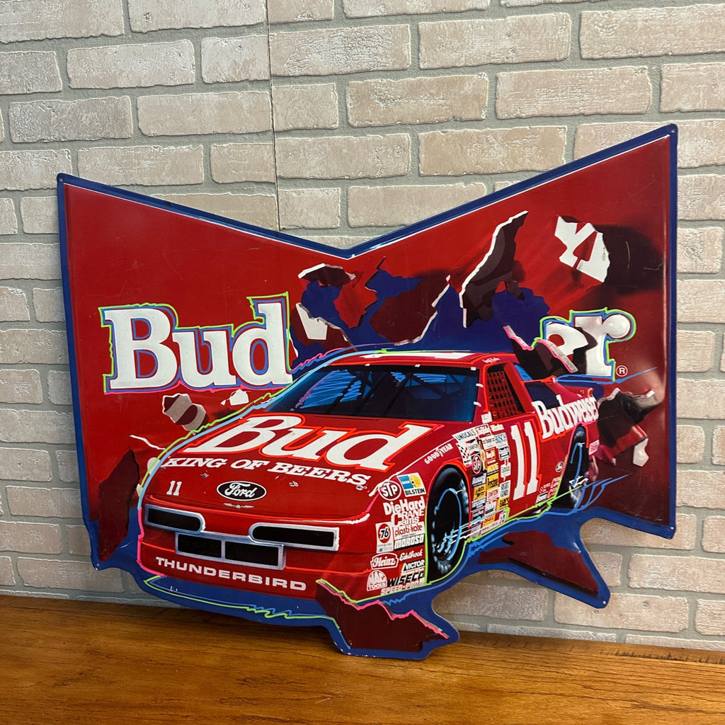 Budweiser Ford Thunderbird #11 Nascar Embossed Tin Mancave Sign 32”x28”