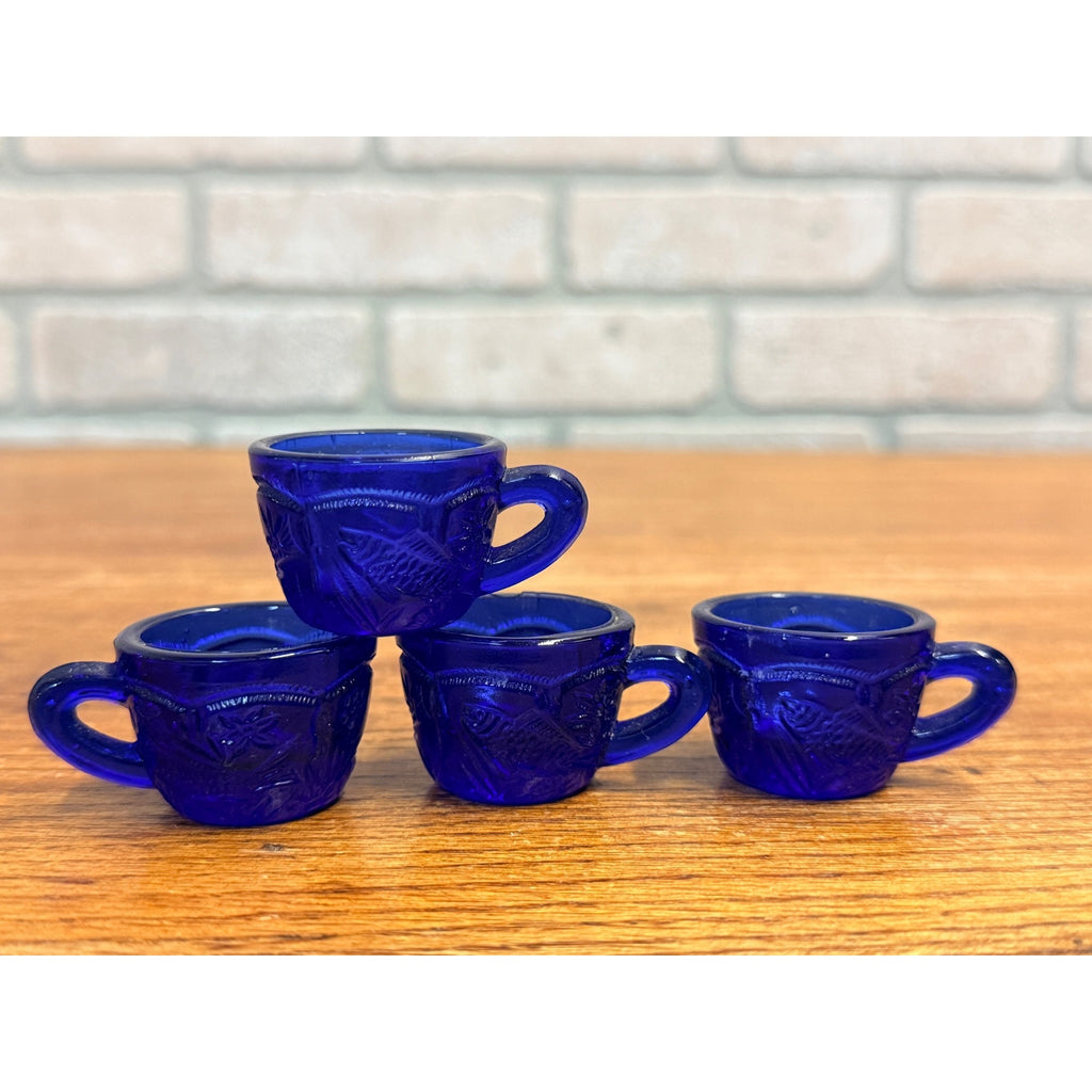 Vintage Miniature Cobalt Blue Glass Tea Cups Fish Embossed Set of 4