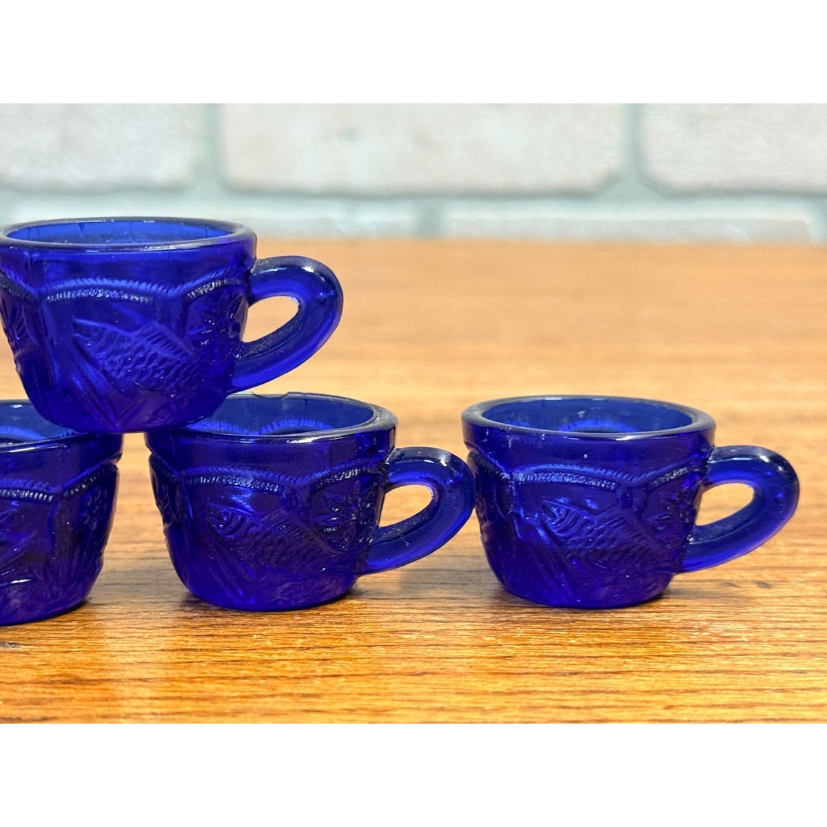 Vintage Miniature Cobalt Blue Glass Tea Cups Fish Embossed Set of 4