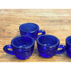 Vintage Miniature Cobalt Blue Glass Tea Cups Fish Embossed Set of 4