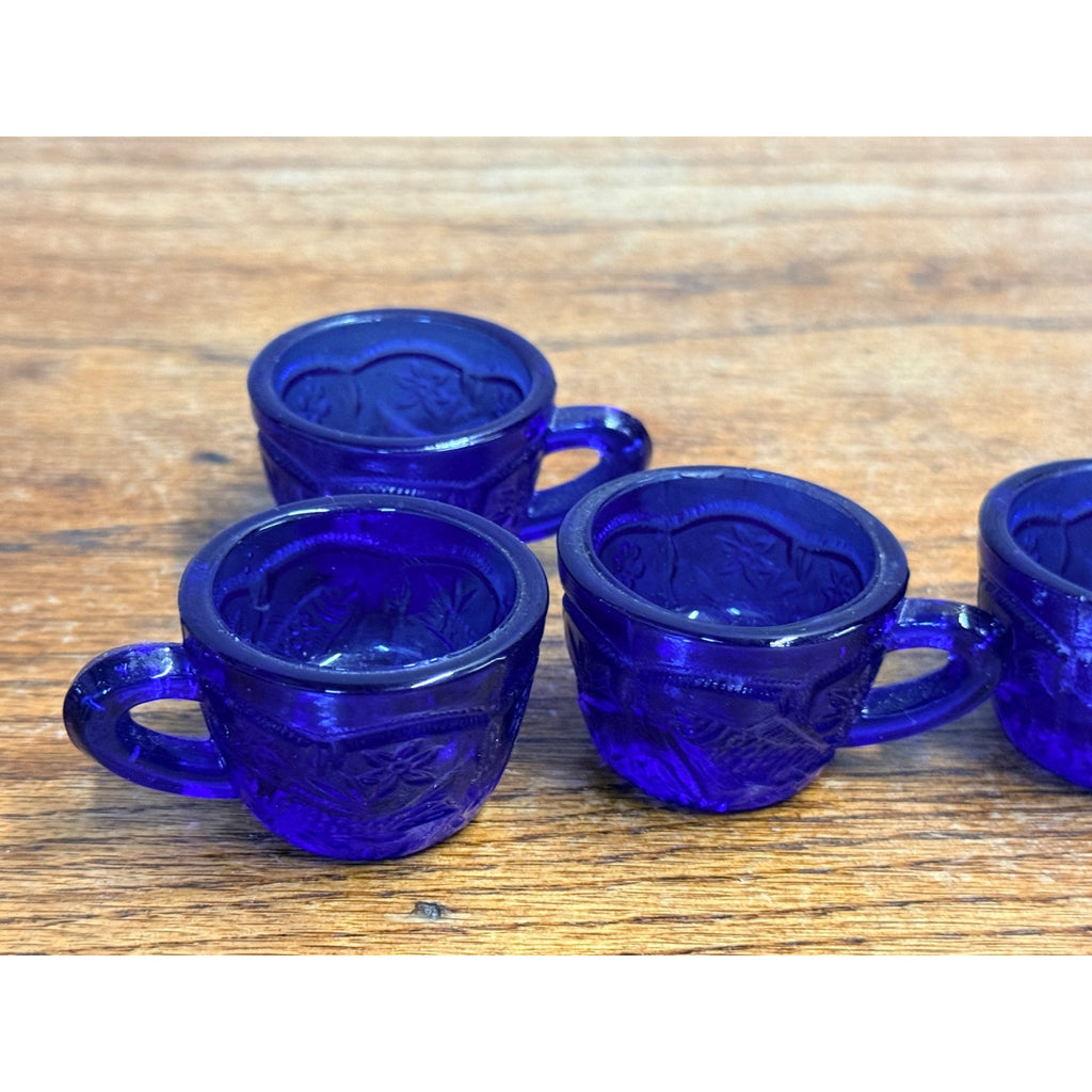 Vintage Miniature Cobalt Blue Glass Tea Cups Fish Embossed Set of 4