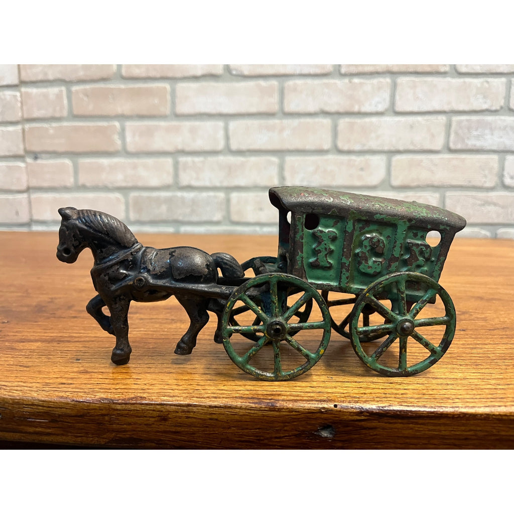 Antique Original Kenton Black Horse Drawn Green Ice Wagon Cast Iron ca. 1920's