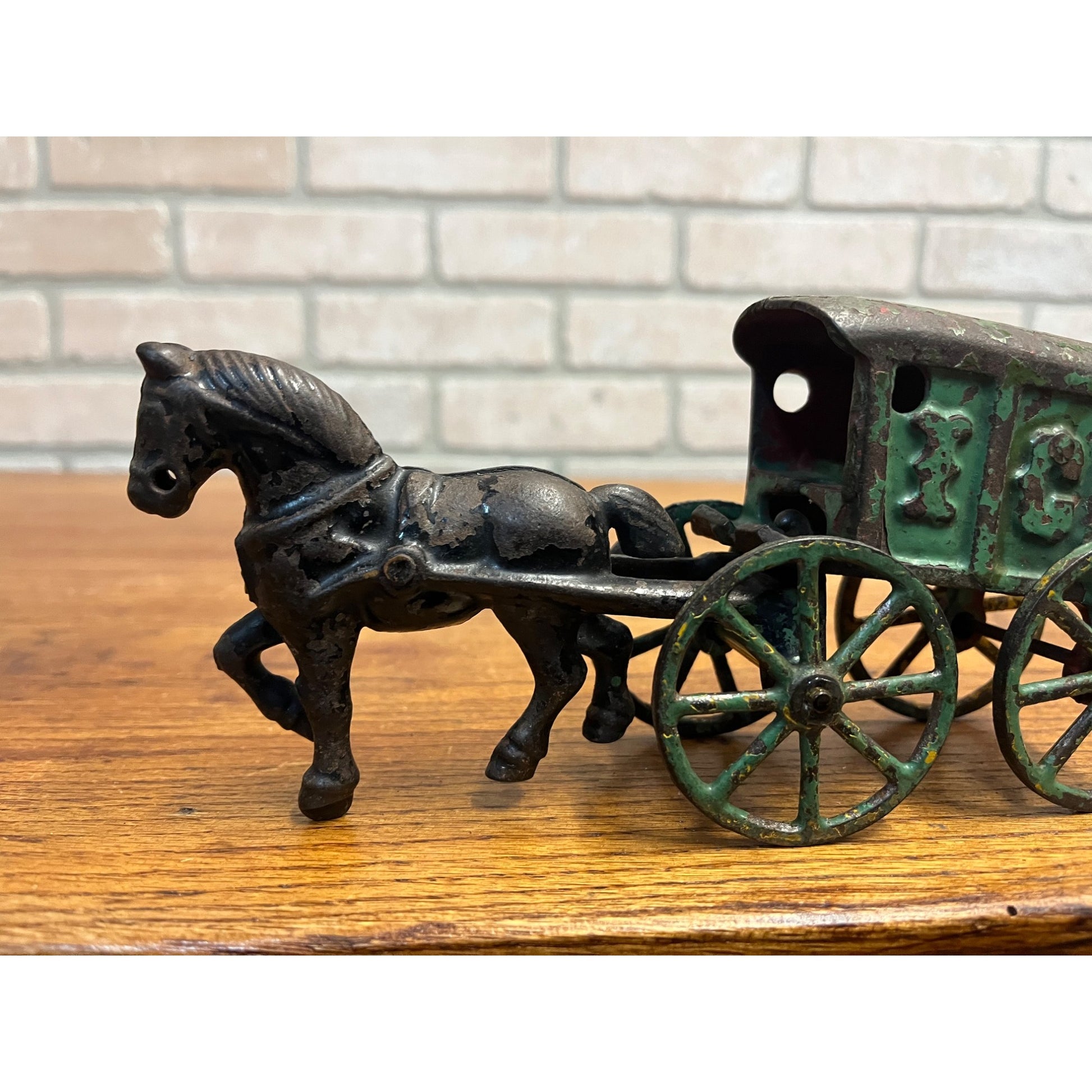 Antique Original Kenton Black Horse Drawn Green Ice Wagon Cast Iron ca. 1920's