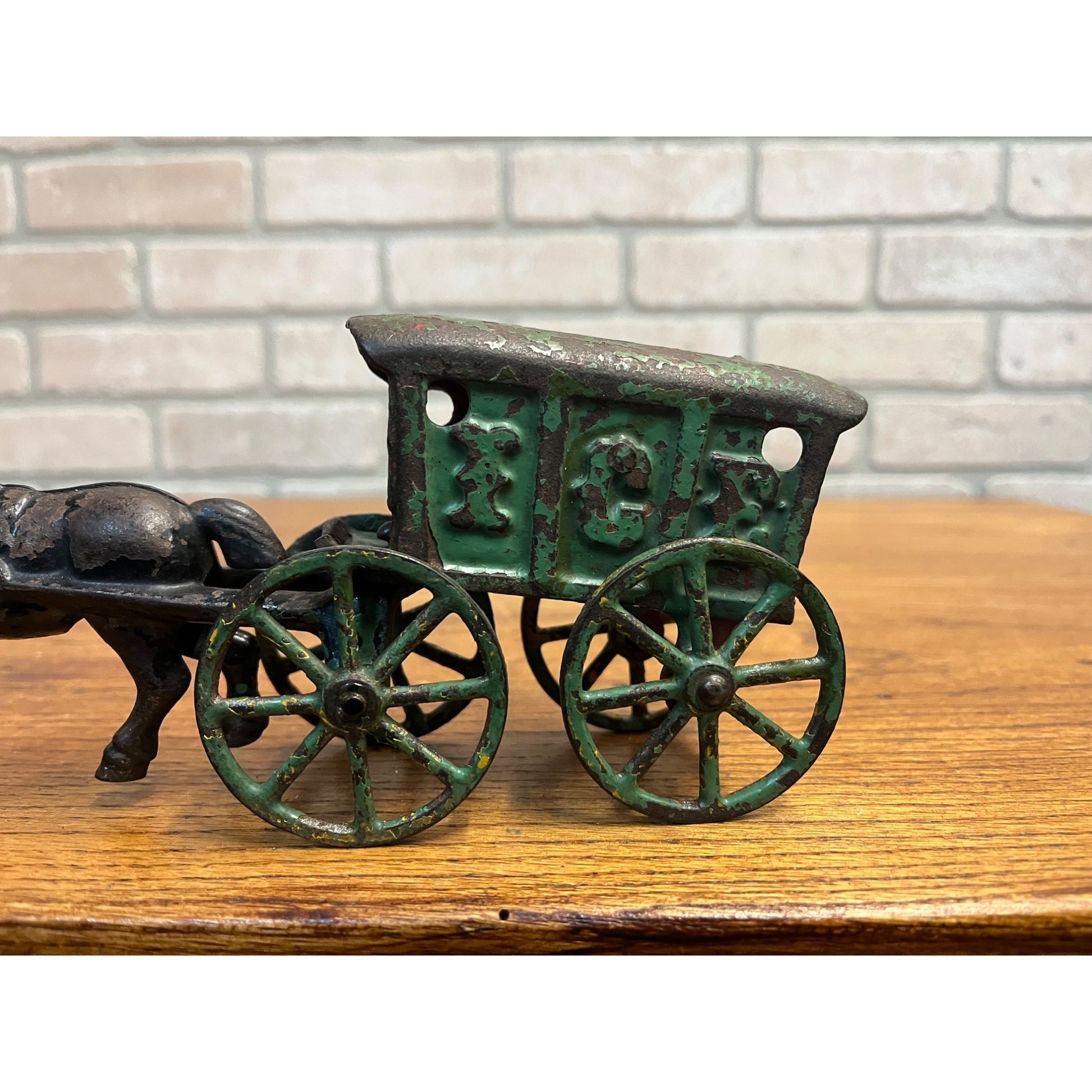 Antique Original Kenton Black Horse Drawn Green Ice Wagon Cast Iron ca. 1920's