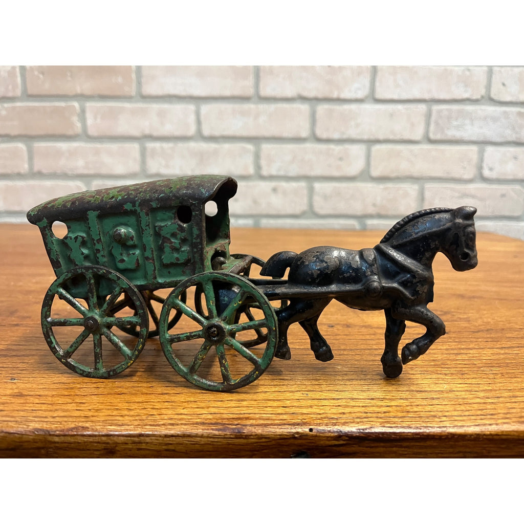Antique Original Kenton Black Horse Drawn Green Ice Wagon Cast Iron ca. 1920's
