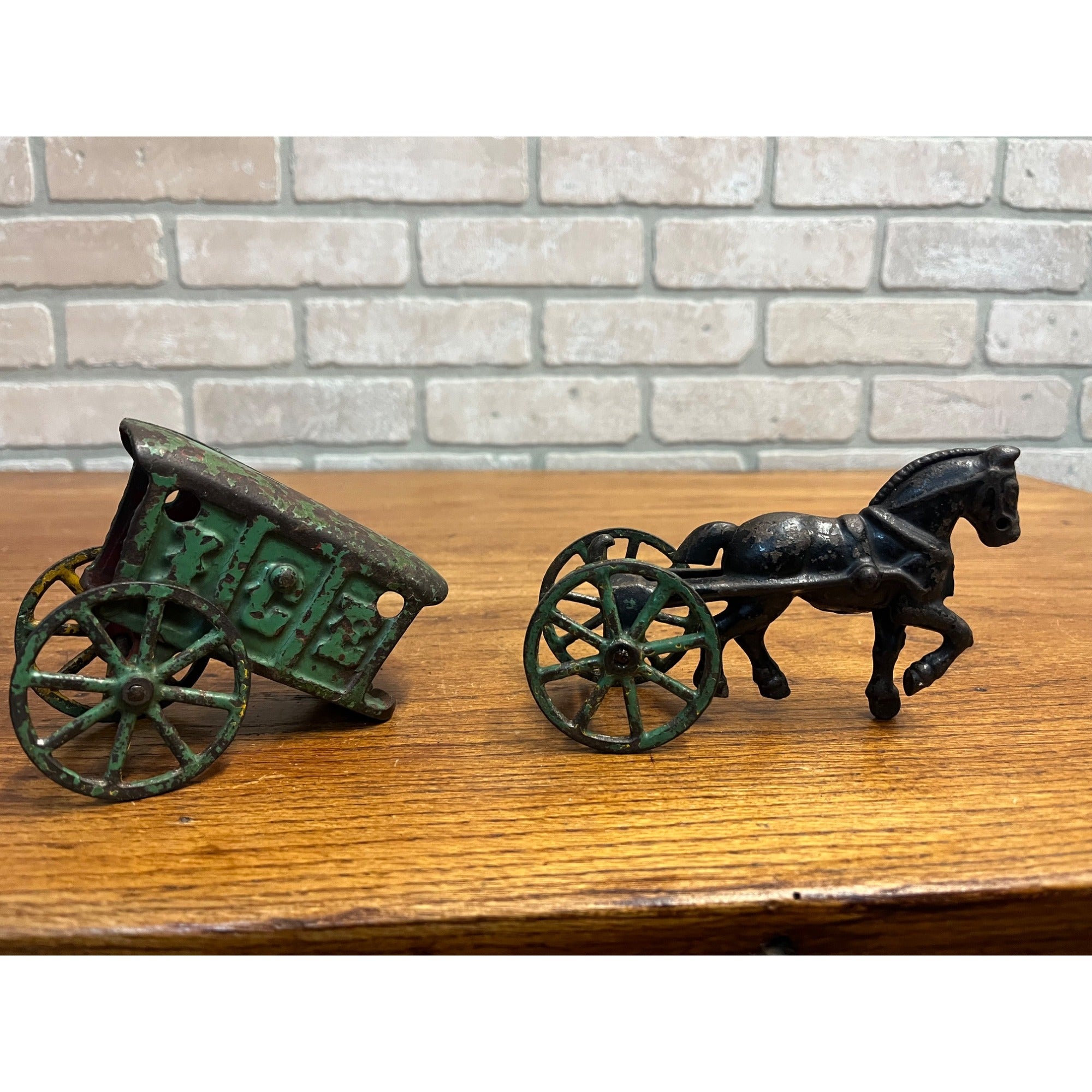 Antique Original Kenton Black Horse Drawn Green Ice Wagon Cast Iron ca. 1920's